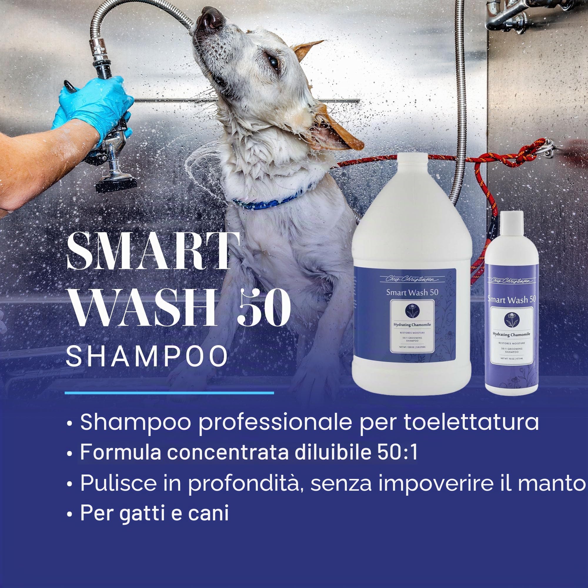 Chris Christensen SmartWash50 Shampoo alla Camomilla 3,8L – Shampoo Concentrato 50:1 per Cani e Gatti, Idratante per Pelli Sensibili, Adatto a Tutti i Tipi di Manto, Made in USA
