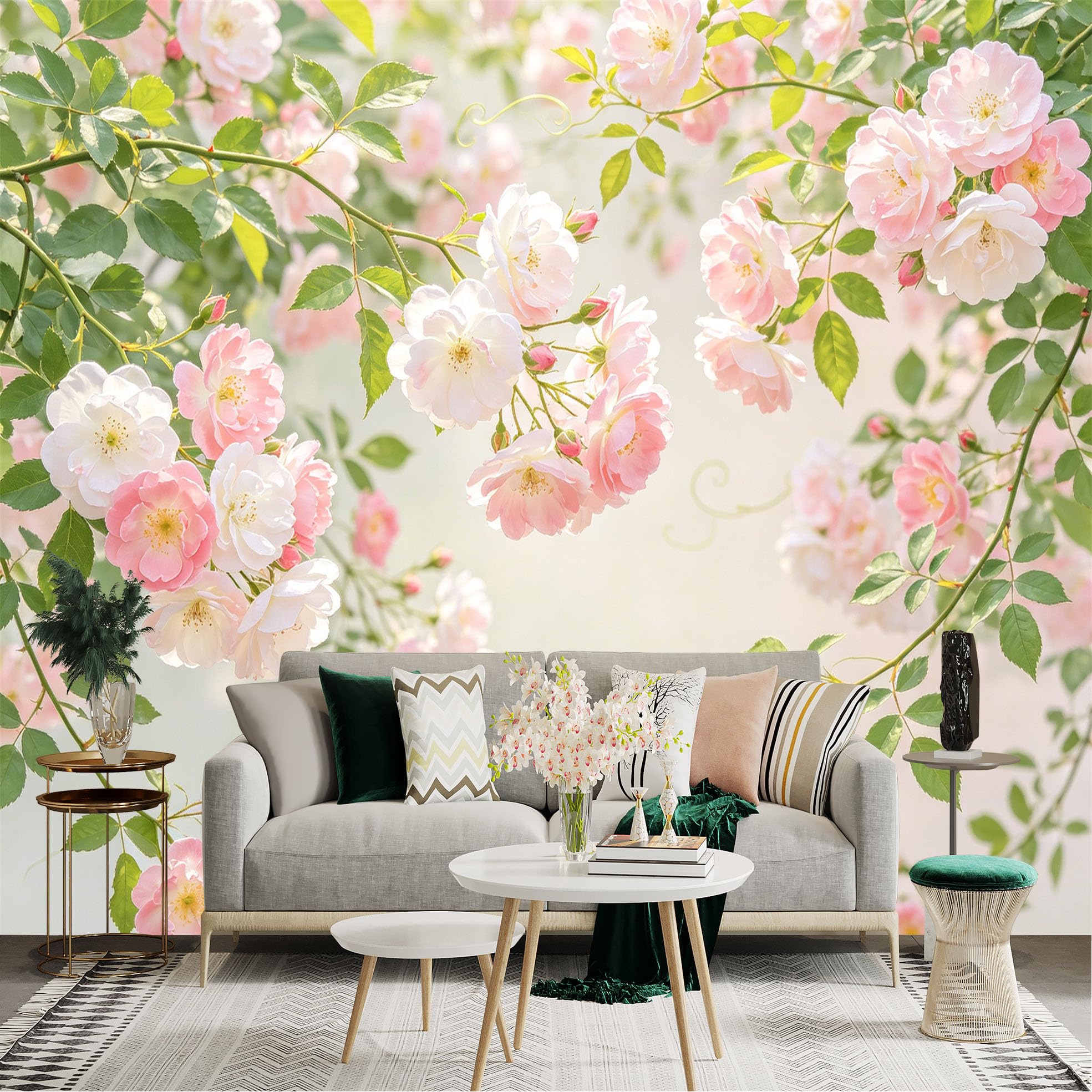 Lnzczhyre Dbh260521121 Custom Size Wall Sticker Mural， Soft Pastel Pink Floral Blossoms， Romantic Spring Garden Scenery， Aesthetic Botanical Wall Art， For Wall Decoration， Peelandstick Wall Decals.