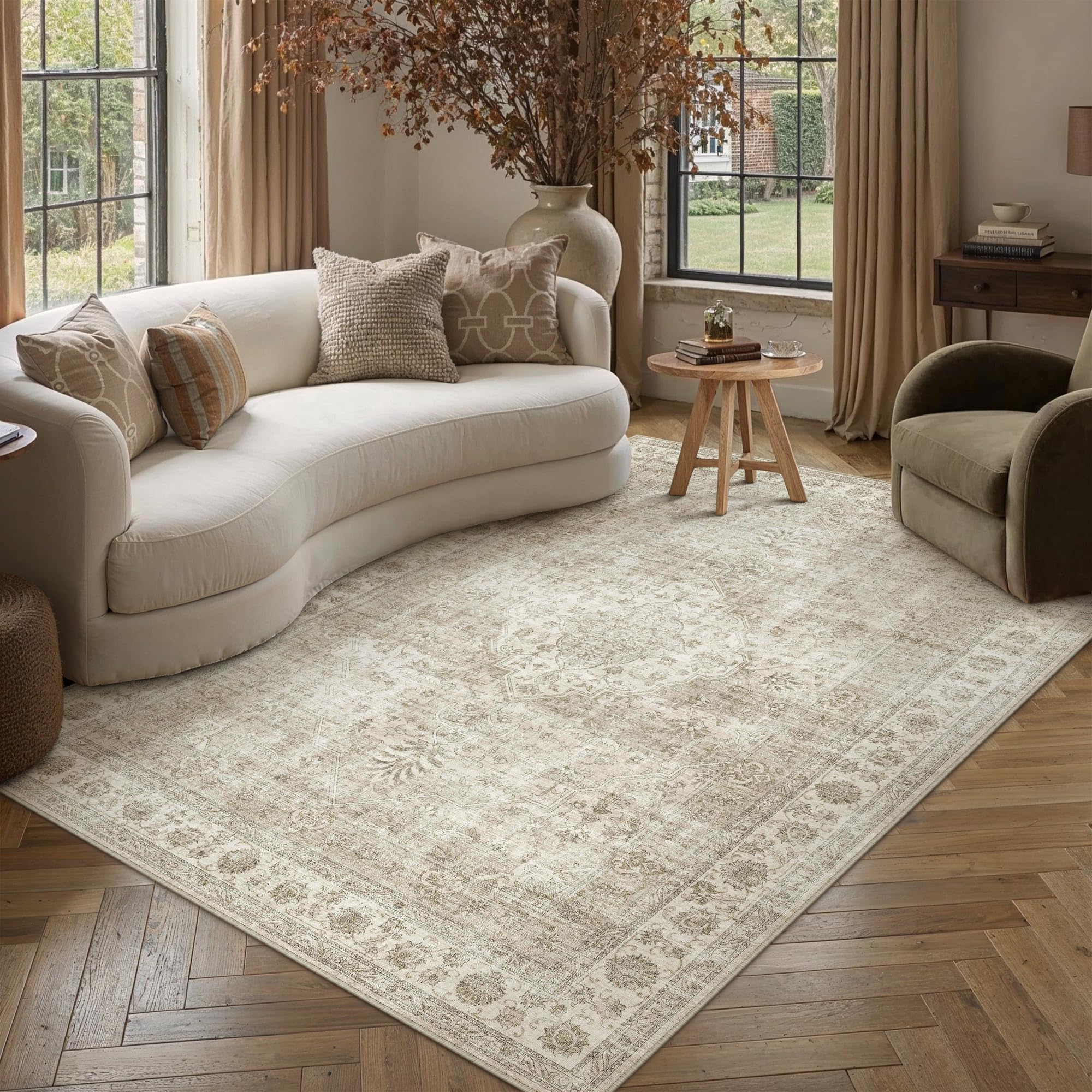 PureCozy Vintage Rugs Living Room 160x230cm Beige Area Rug Machine Washable Non Slip Kids Bedroom Large Carpet Bedside Nursery Lounge Office Playroom Low Pile Carpets