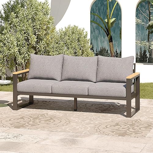 Sundale Outdoor Muebles de patio, sofá de aluminio para todo tipo de clima, sofá de metal para exteriores de 3 asientos con cojín de olefina de 6