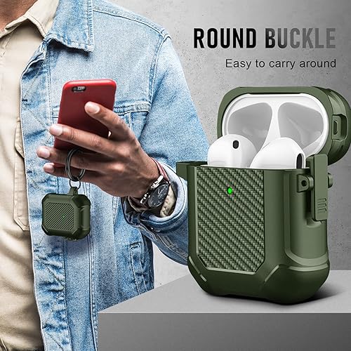 Miniatura 4 de Maxjoy Funda para AirPods, clip de bloqueo seguro de fibra de carbono, cuerpo completo, a prueba de golpes, carcasa rígida con llavero para AirPod