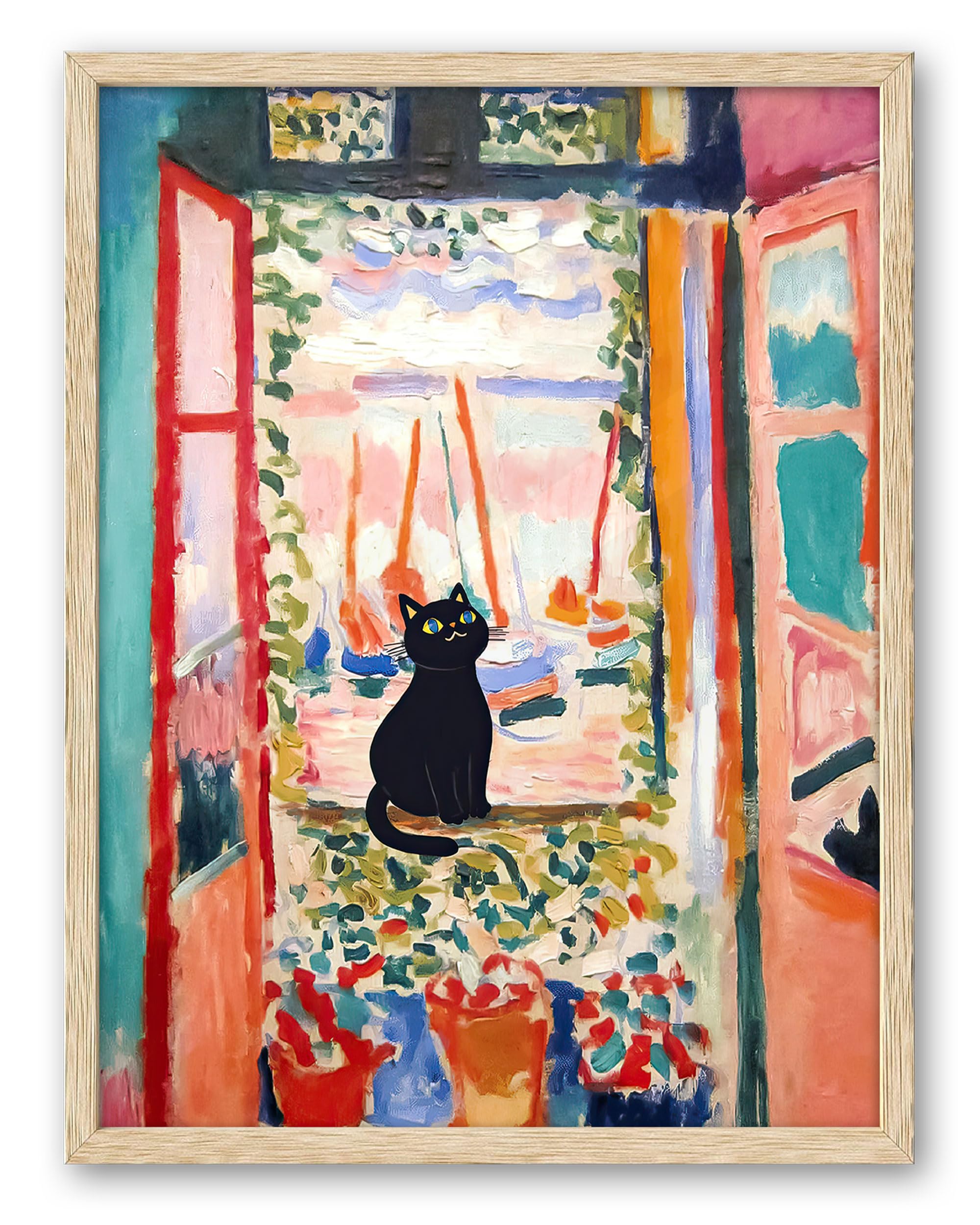 UPWOIGH Natural Oak Beige Wood Framed Canvas Wall Art,12x16in(30x40CM),Henri Matisse The Open Window Black Cat Print Poster
