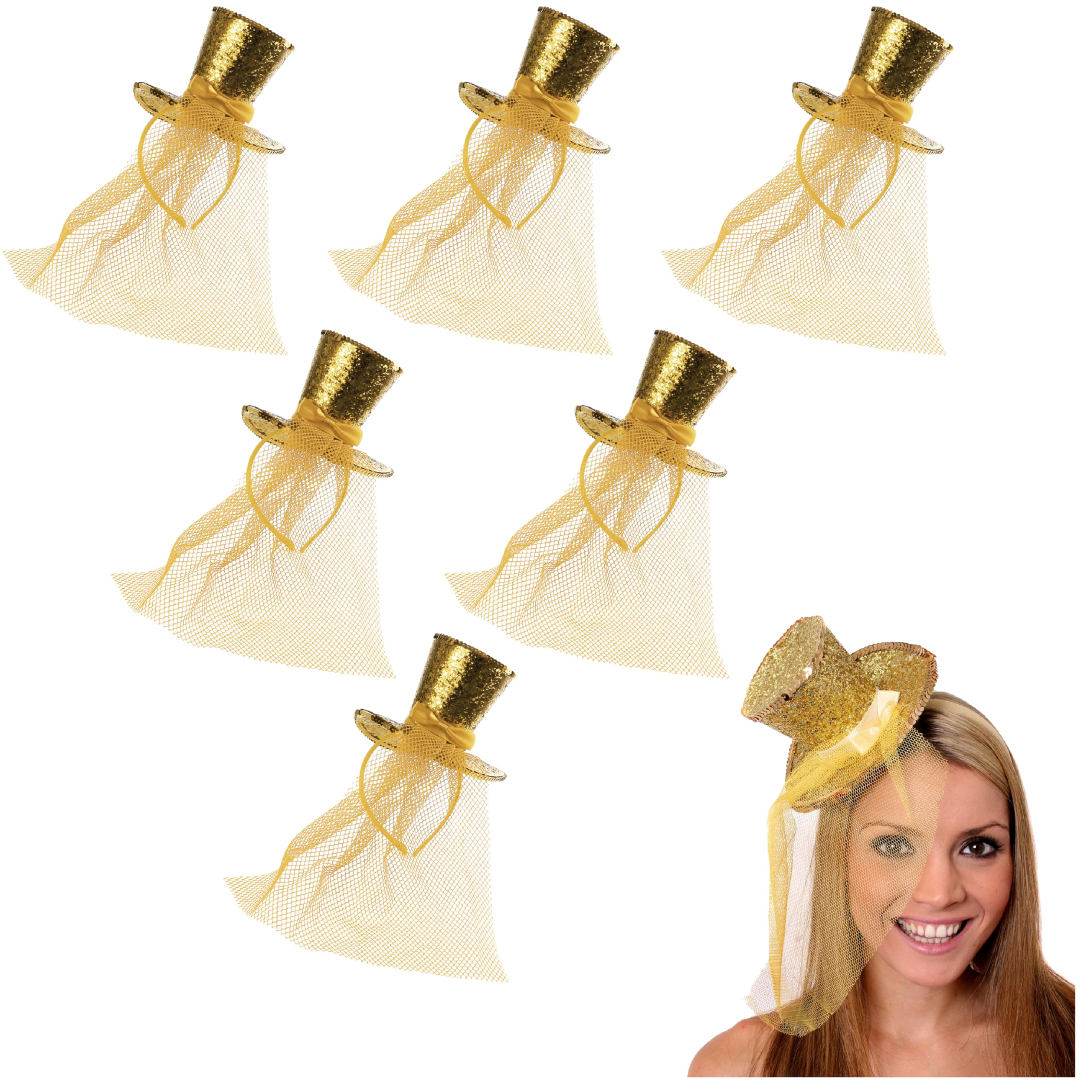 I LOVE FANCY DRESS Ladies Gold Glitter Top Hat - Pack of 6 - Mini Sequin Top Hat With Attached Fascinator Veil - Christmas Fancy Dress Costume Accessory