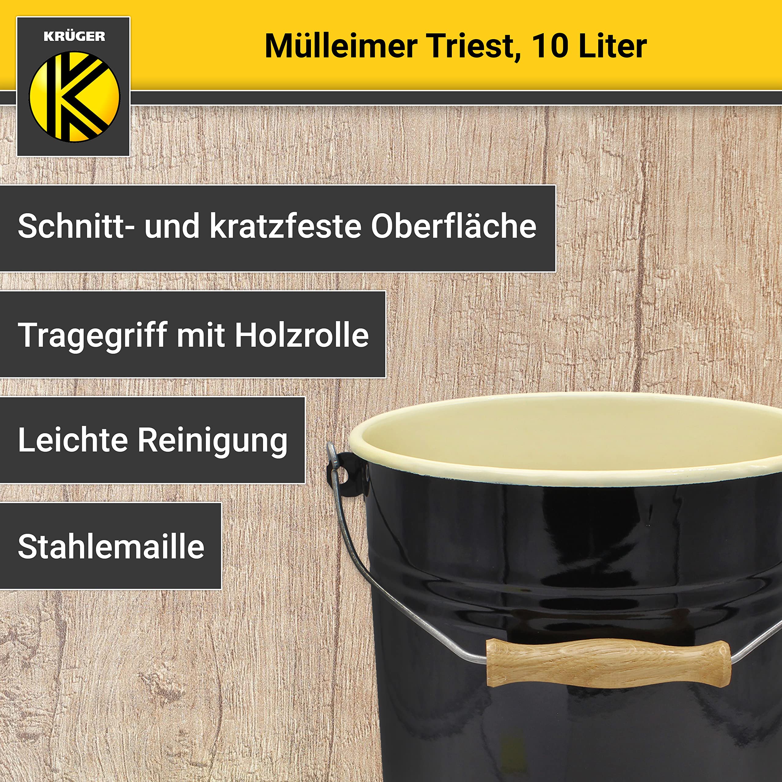 Krüger Poubelle avec couvercle - Poubelle en acier avec revêtement en émail et poignée en bois - Surface résistante aux coupures et aux rayures - Durable et polyvalente (10 l, Triest)