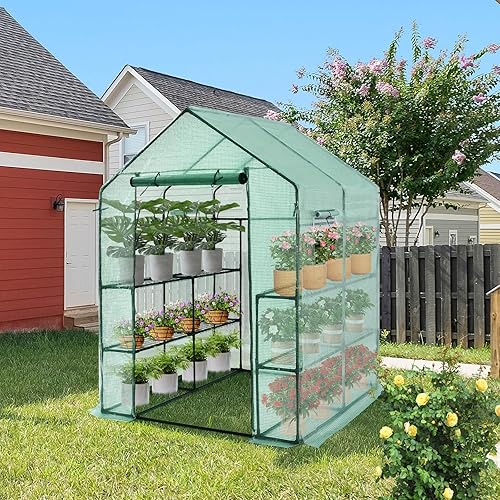 Miniatura 7 de Happygrill Invernadero para exteriores con puerta enrollable con cremallera y 2 ventanas de observación, 2 niveles y 8 estantes, cubierta de