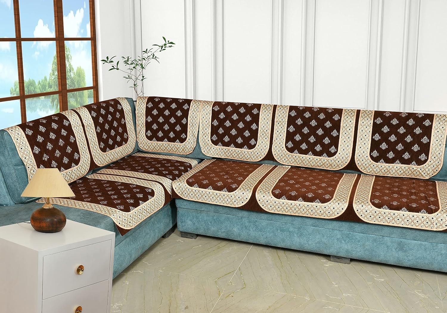 SAWNA HOMES L Shape Premium 6 Seater Velvet Chenille Sofa Cover Set for