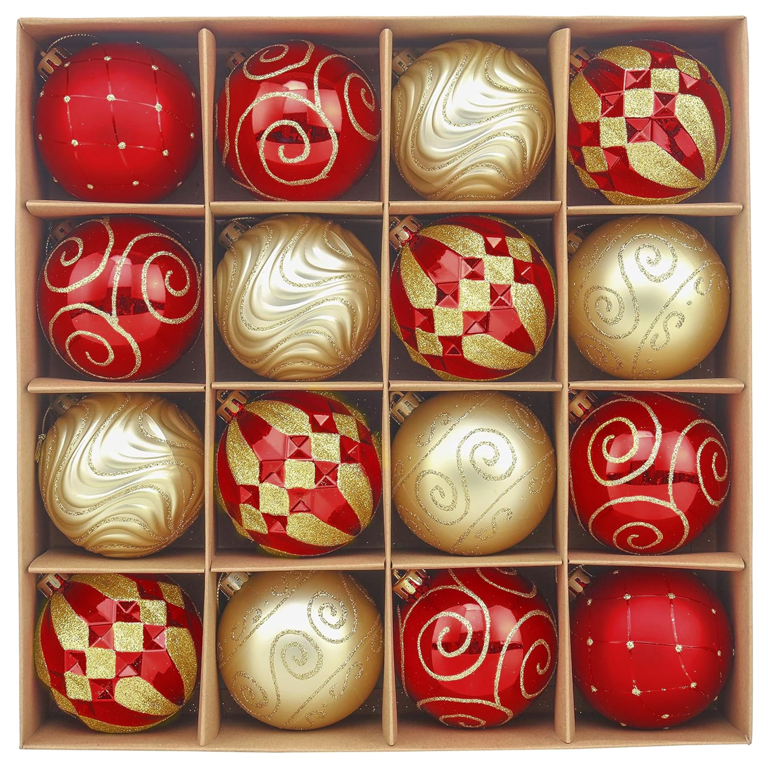 Valery Madelyn 16pcs 8cm Boules de Noël, Thème Rouge Or pour Sapin de Noël, avec Ficelle Fixé, Incassable, Emballage de Papier Kraft comme Cadeaux