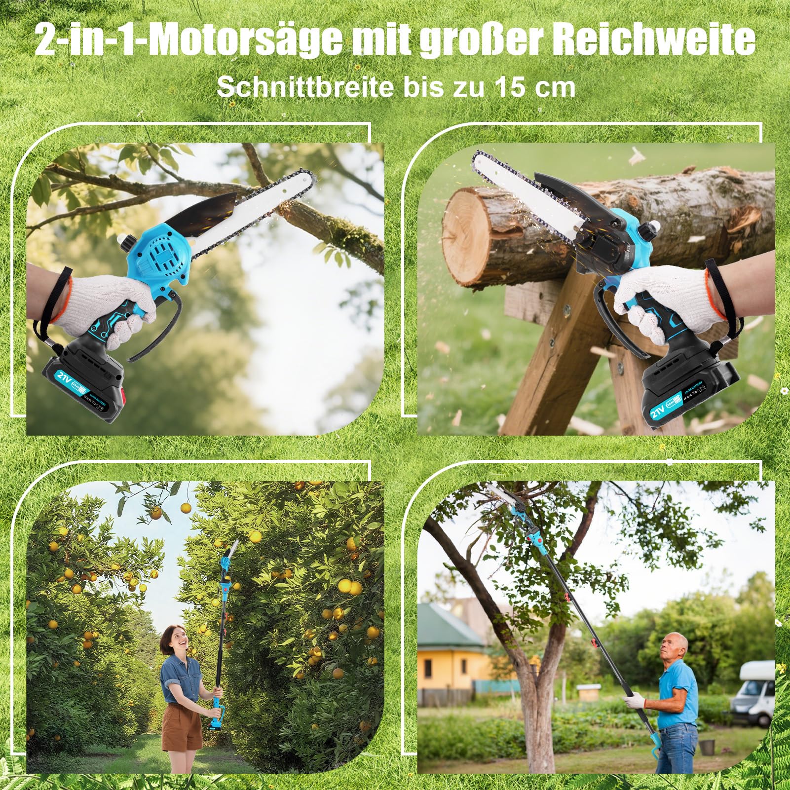 2 en 1 Mini Motosierra y Podadora de Pértiga, podadora telescopica de 1,1 a 2 m para podar árboles, Podadora de Pértiga con 2 Cadenas, Gafas, Guantes para Podar Arboles Patio de Jardín árboles