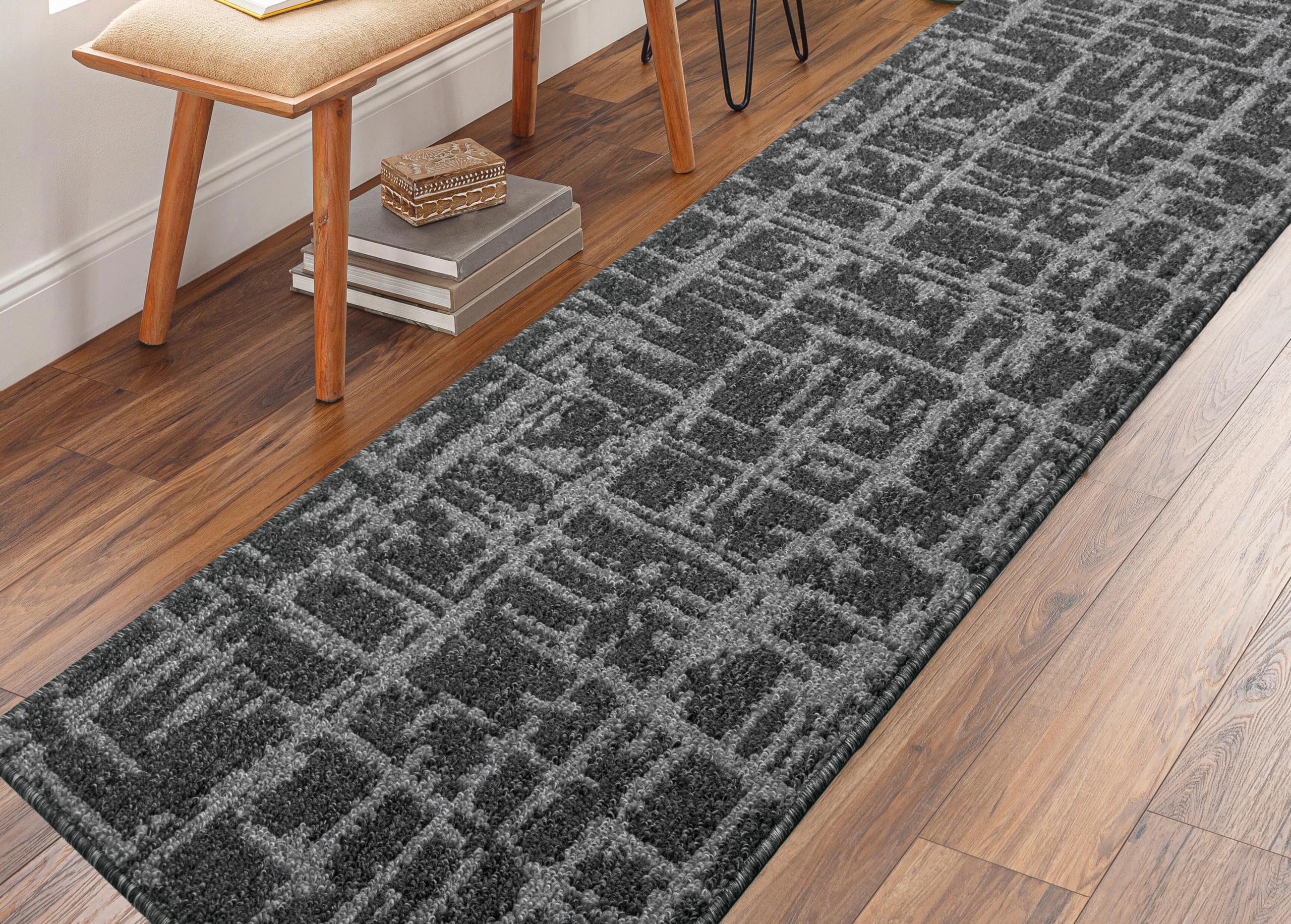 Hallway Runner Rug Non Slip Rubber Backing, 26 inch x 12 ft, Abstract Charcoal, Heavy Duty Berber Style Carpet Runner for Entryway, Kitchen, Bathroom,