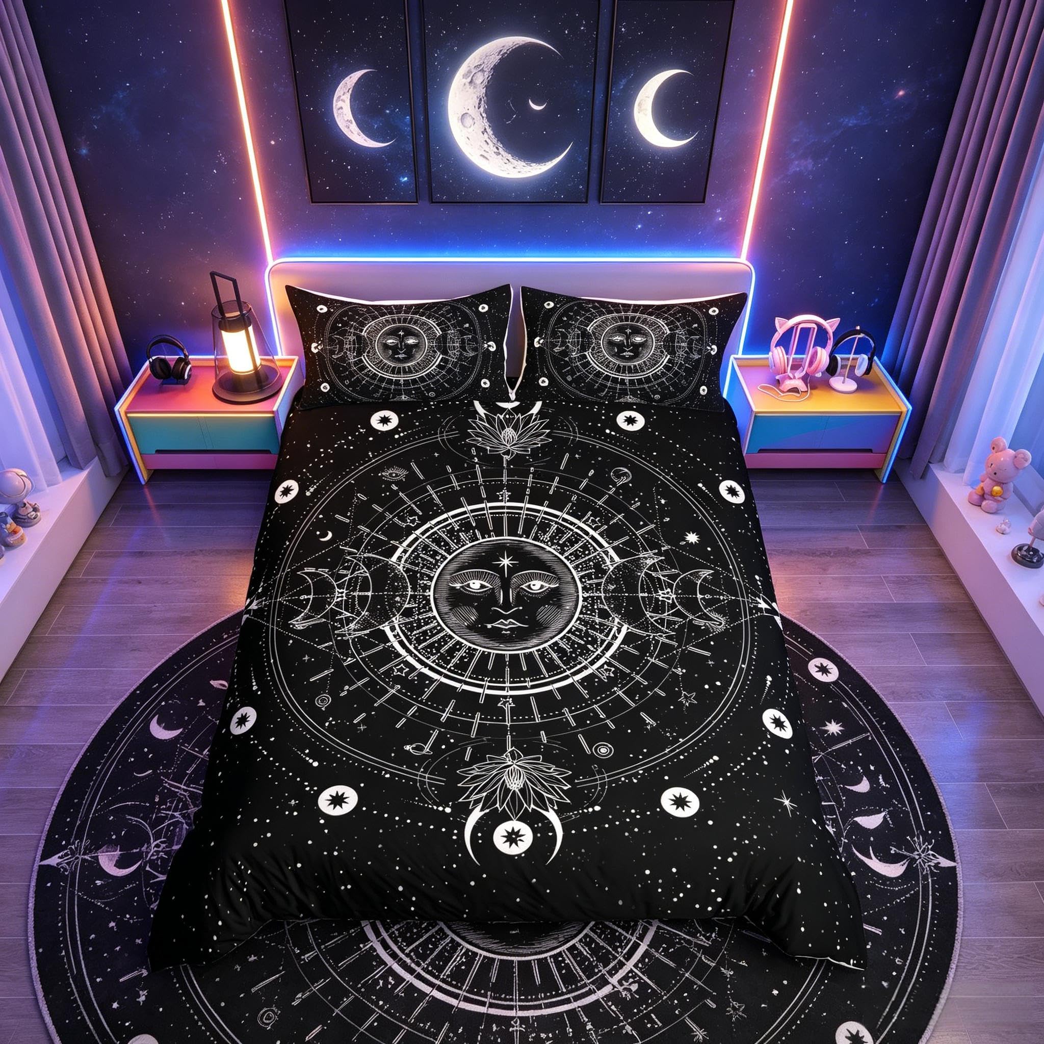 Loussiesd Bohemia Sun and Moon Print Bedding Set White Black Bohemian Exotic Style Duvet Cover Set Women Men Decorative Boho Star Moon Sun Bedclothes King(No Comforter) with 2 Pillowcase — image 1
