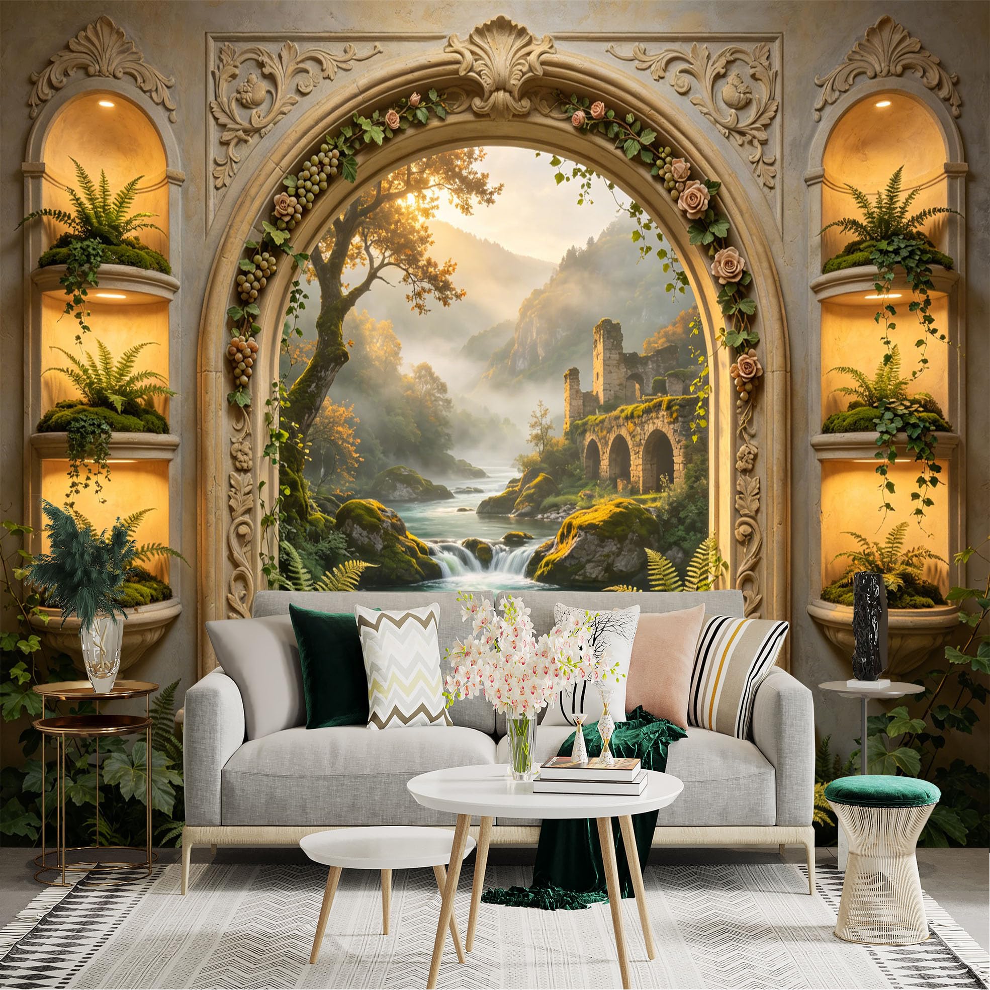 Custom Size Wall Sticker Mural， Fantasy Riverside Castle with Waterfall， Arch Window and Lush Greenery， for wall Decoration， peelandstick wall Decals.
