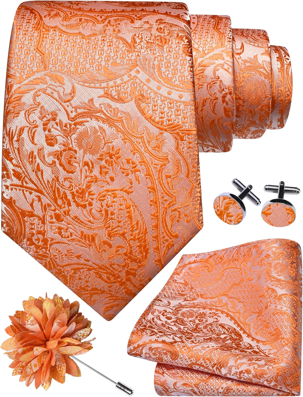 GUSLESON 8cm Paisley Tie Set for Men Necktie Lapel Pin Pocket Square Cufflinks Set for Men