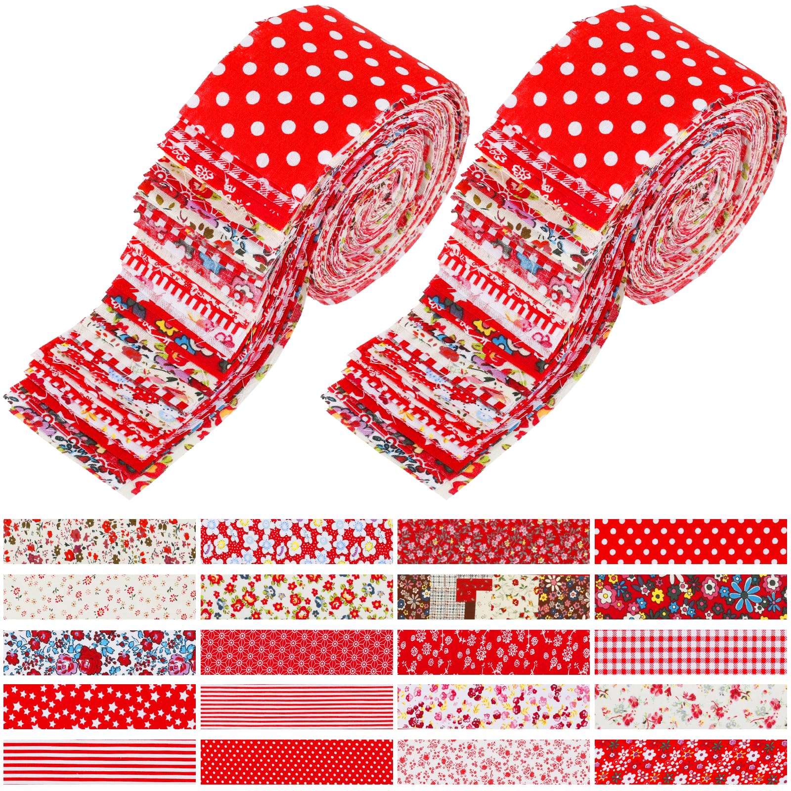 80 Pcs Jelly Roll Fabric Cotton Precut Strips 6.5 x 50cm Quilting Fabric Bundle 20 Patterns Soft Patchwork Strips for Sewing Crafts DIY(Red)