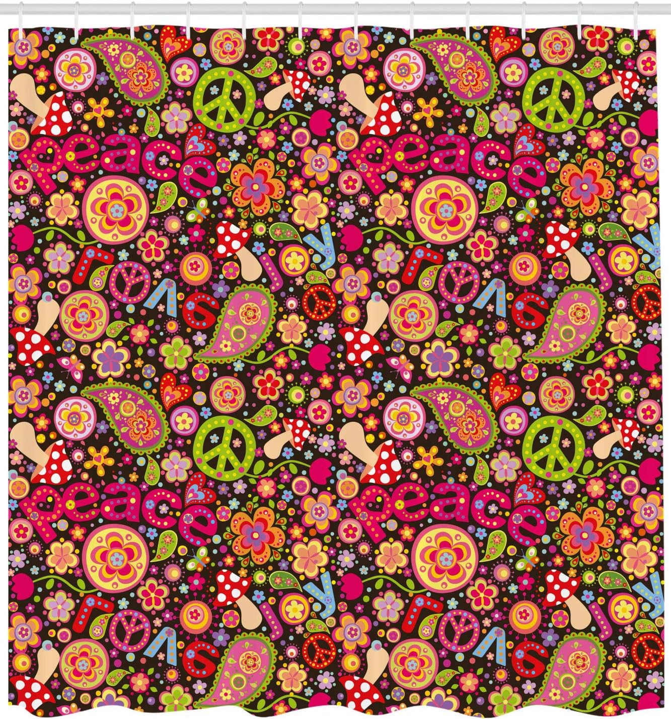 Ambesonne 70s Party Shower Curtain, Groovy Peace and Love Composition Hallucinatory Mushrooms Flowers Joyful Vivid, Cloth Fabric Bathroom Decor Set with Hooks, 69" W x 70" L, Magenta Green
