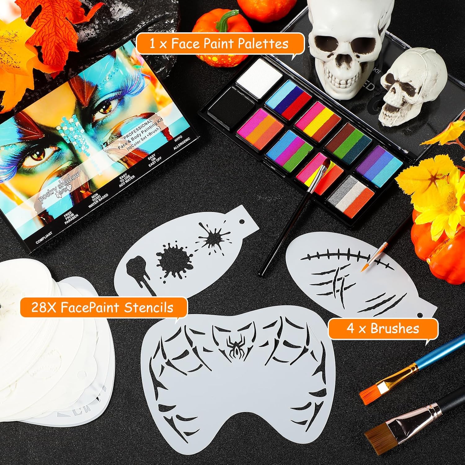 Thenshop 33 Pcs Carnival Face Painting Kit 10 x 10g Water Based Split Cake Face Paint Palette Reusable Facial Painting Stencils with Brush Rainbow Body Makeup for Festivals Birthdays Cosplay Party - Image 2