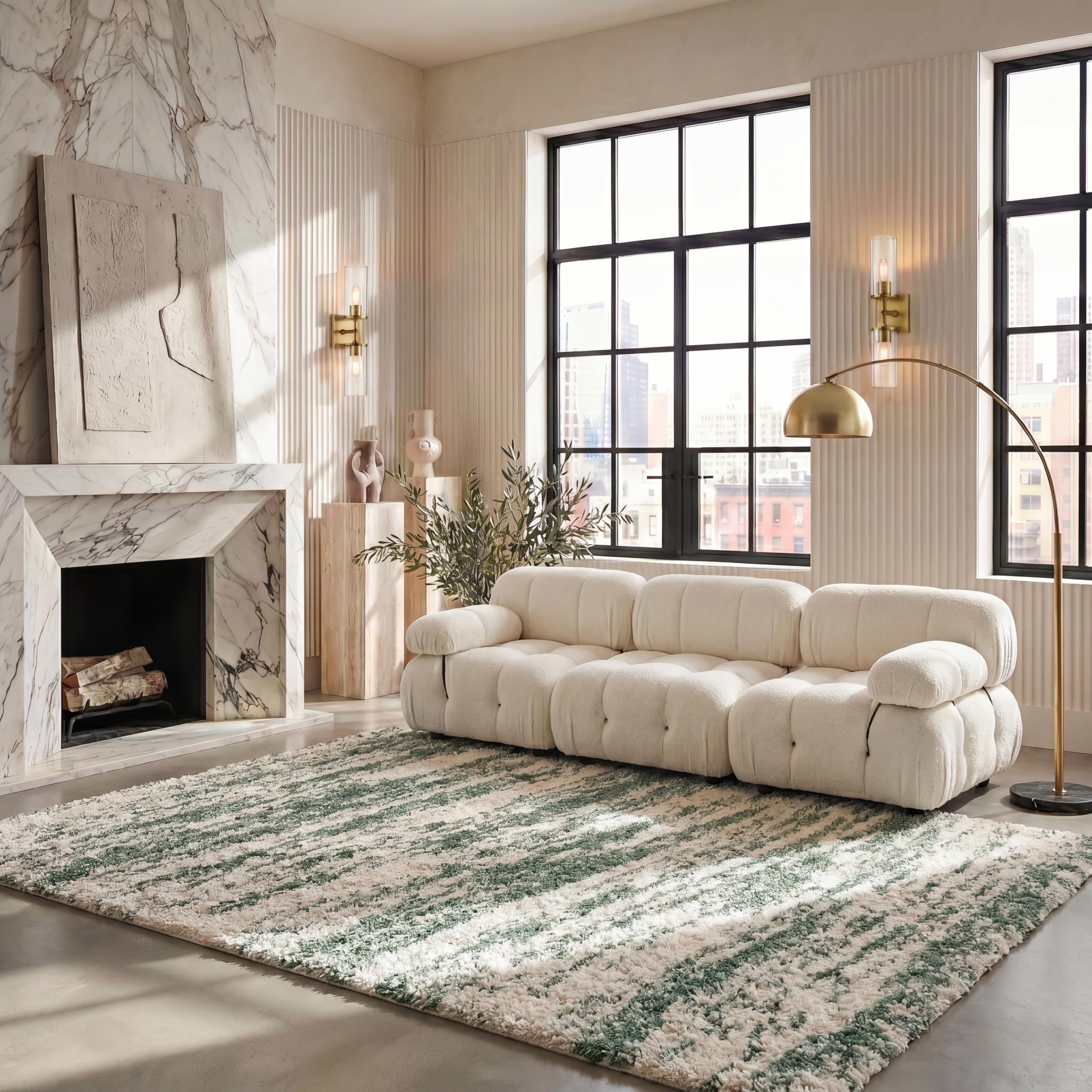 SAFAVIEH Hudson Shag Area Rug 6x8, Boho Striped Ivory & Green SGH206Y