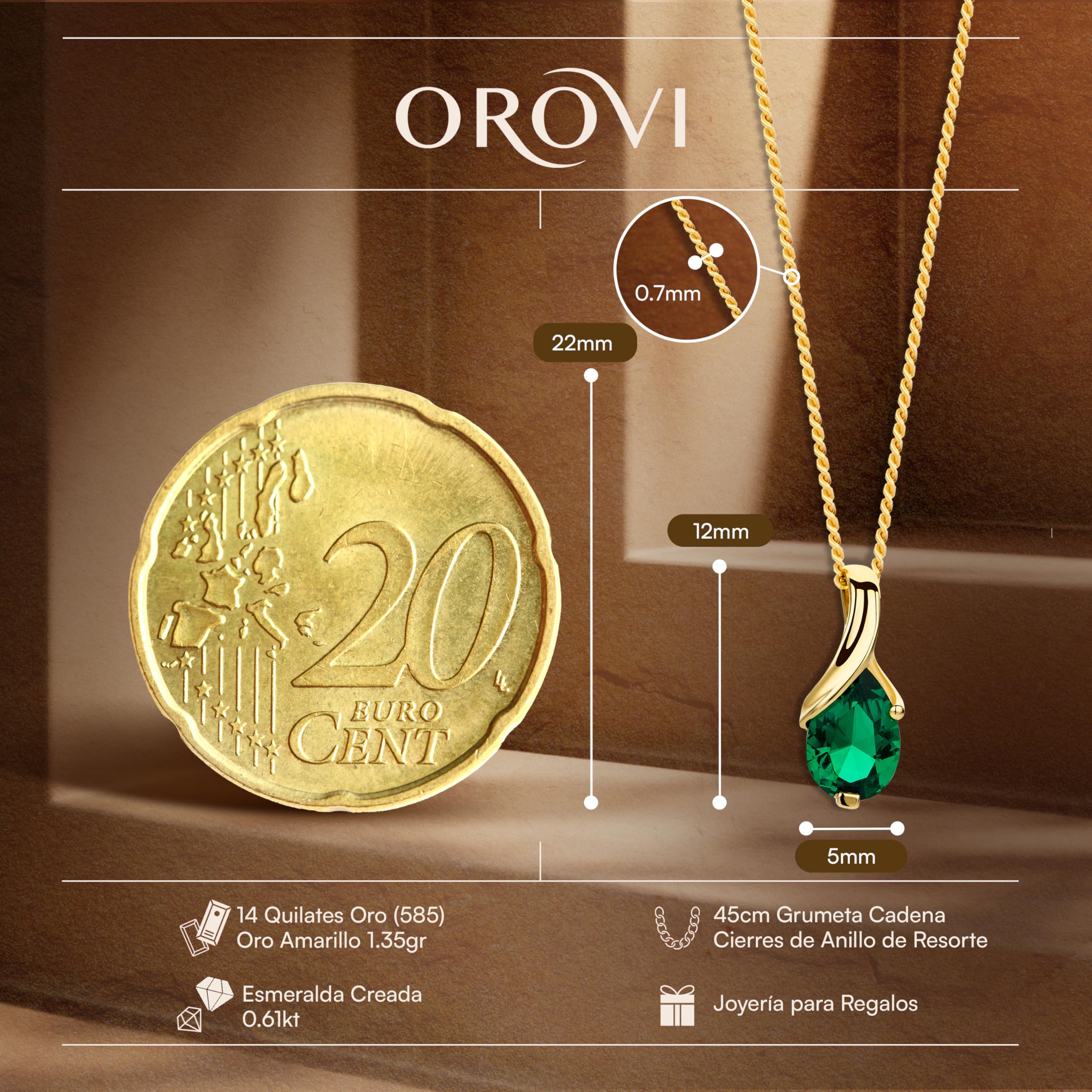 Orovi Collar de oro amarillo de 14 quilates (585) para mujer, con colgante de gota de piedras preciosas, zafiro, rubí, esmeralda, cadena de oro de 14 quilates (585)