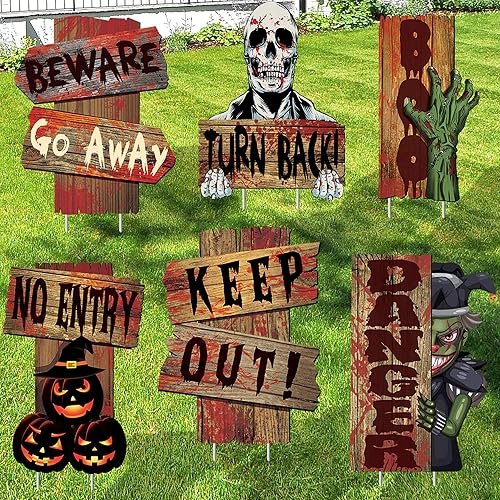 Letreros de patio de Halloween con estacas, paquete de 6  Carteles de Halloween para decoración de acera de Halloween al aire libre, estacas de