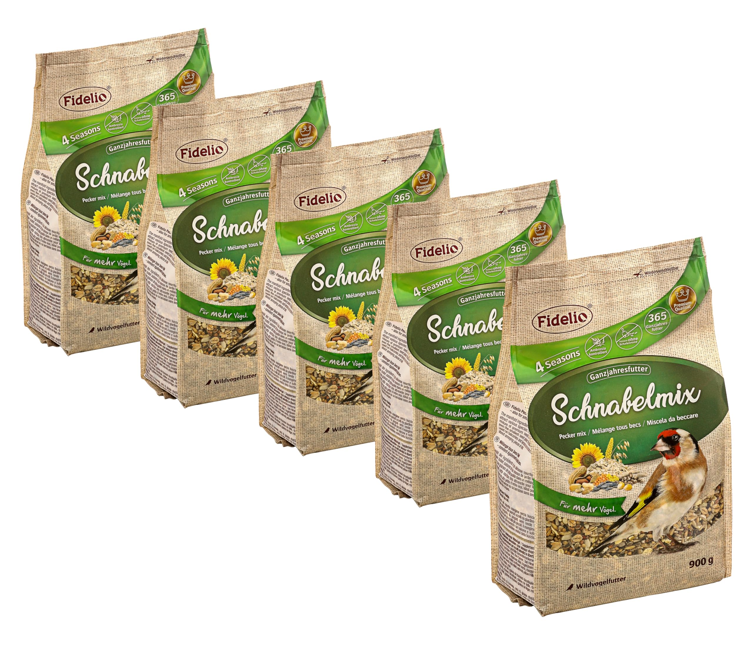 Fidelio Karma dla dzikich ptaków, mieszanka dziobów, całoroczna, bogata w białko/energię, wysokiej jakości karma dla dzikich ptaków, 5 x 900 g (4,5 kg)