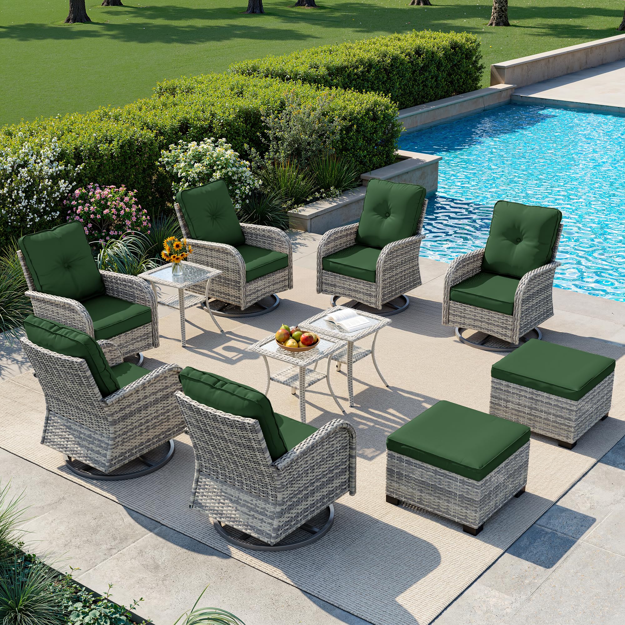 11-Piece Small Patio Furniture Set, Outdoor Swivel Rocking Chairs Set with Ottomans, Patio Bistro Set for Balcony, Deck, Porch, Dark Green