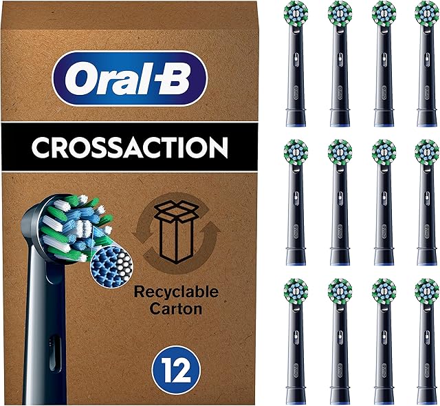 Oral-B Cross Action Końcówki do Szczoteczek Elektrycznych, 12 Sztuk, Czarne, Wielkość Odpowiednia do Skrzynek Pocztowych