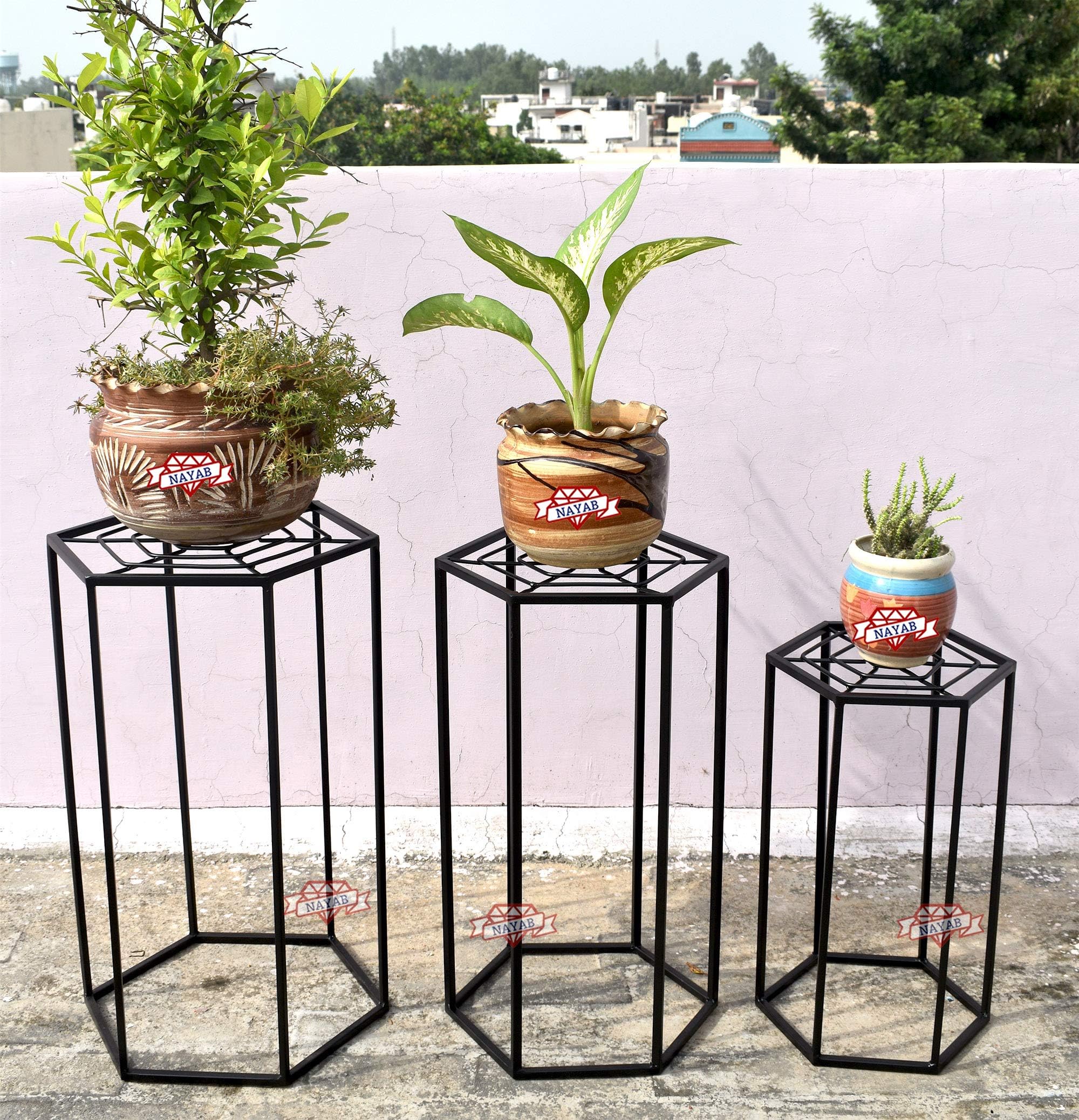 NAYAB Hexagonal Set of 3 Planter Flower Pot Display Plant Stand Step Style for balcony garden indoor outdoor corner shelf rack (Hexagonal Set of 3 - Black)