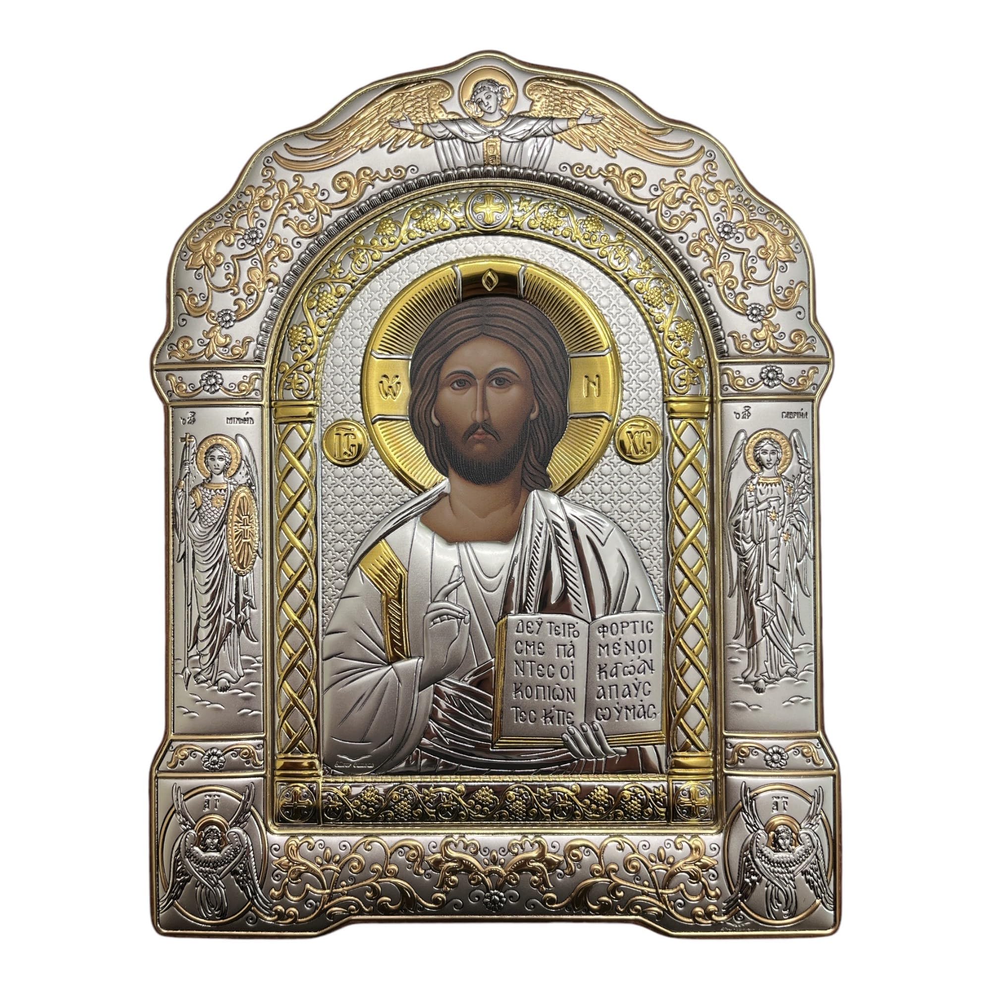 Silver Canvas Jesus Christ Byzantine Icon, 925 Sterling Silver Handmade Orthodox Religious Icon with Glass, Greek Christian Wall Decor, 10" L x 7" W, Red Back (AR-4/001/G/K)