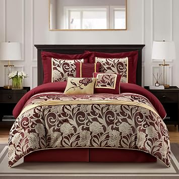 Grand Avenue Black and Red Comforter Set California King Size, 7 Piece Jacquard Floral Bedding Set, All Season, Ultra-Soft, Matching Pillows & Shams, Bed Skirt