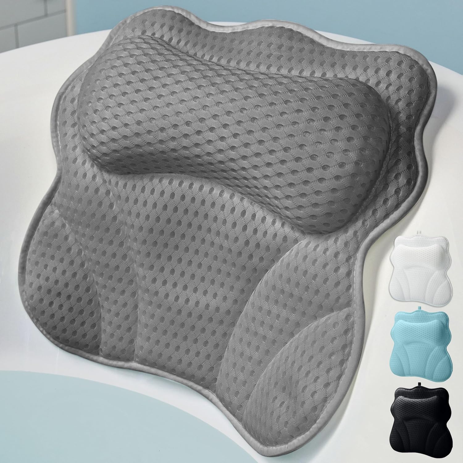 WONDERfoam Thick Padded Ergonomic Bath Pillow for Tub, Bathtub Headrest Neck and Back Support, Strong Suction Cups, Machine Washable Breathable Mesh Quick Dry Pillows, Luxury Spa Accessories, Gray