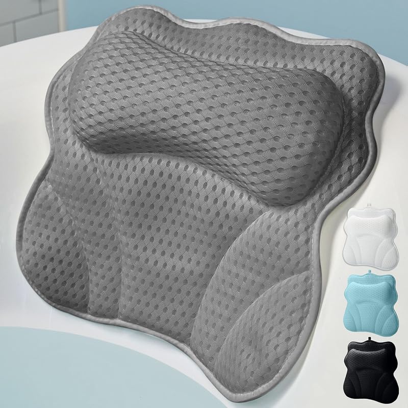 Almofada de banho WONDERfoam com apoio para cabeça, pescoço e costas, malha 4D, ventosas e capa lavável à máquina, Gray