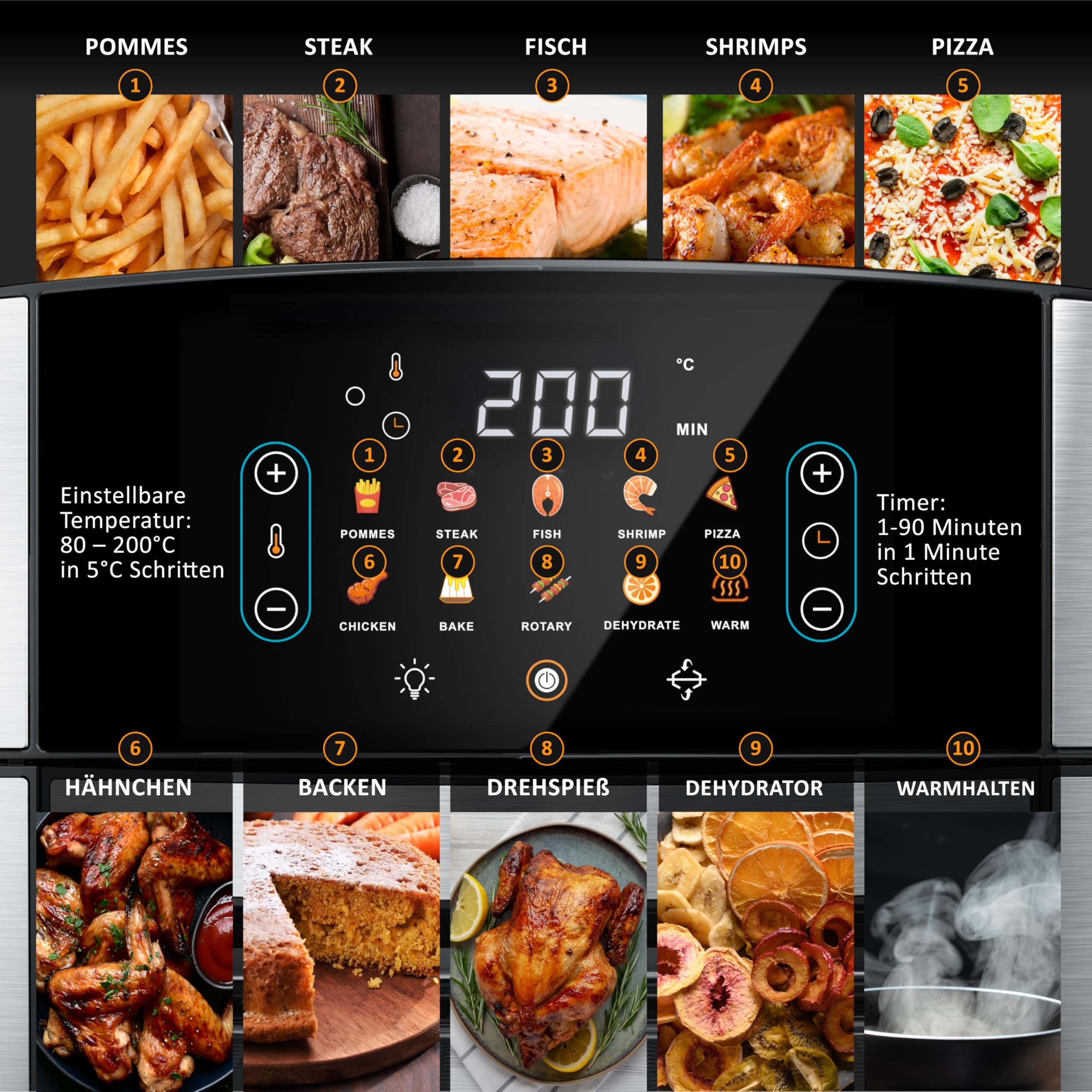 Arendo - Wlan Heißluftfritteuse XXL 16 Liter - Smart WiFi mit App - extra Groß 16 Liter - Backofen Umluft - Grill - Dörrautomat - Air Fryer - Easy&Clean - Fritteuse ohne Öl - Pizza Hähnchen Pommes