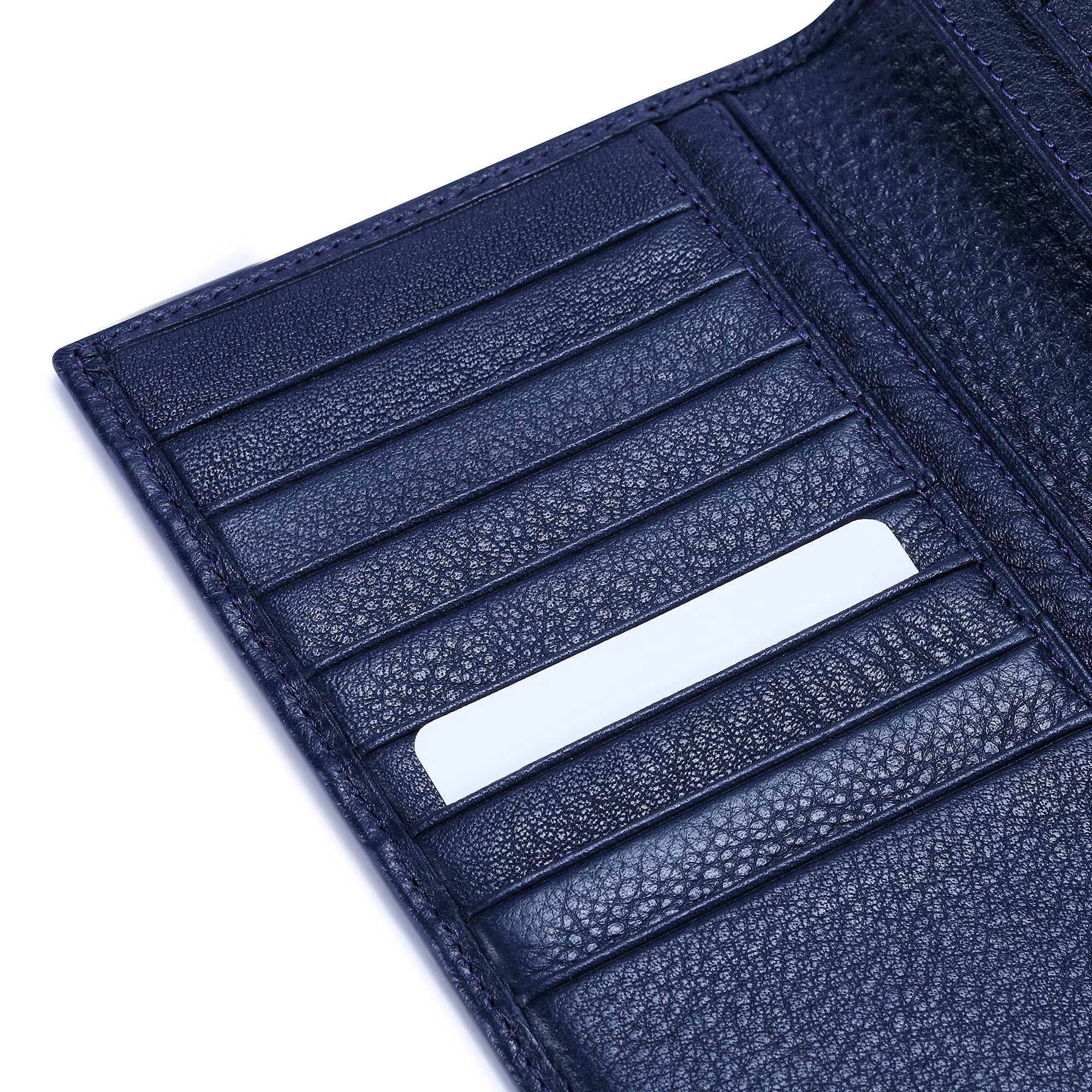 HISCOW Long Leather Wallet - Italian Calfskin Bifold With 15 Card Slots, Cash Compartment & Phone Pocket (Pebbled Blue)