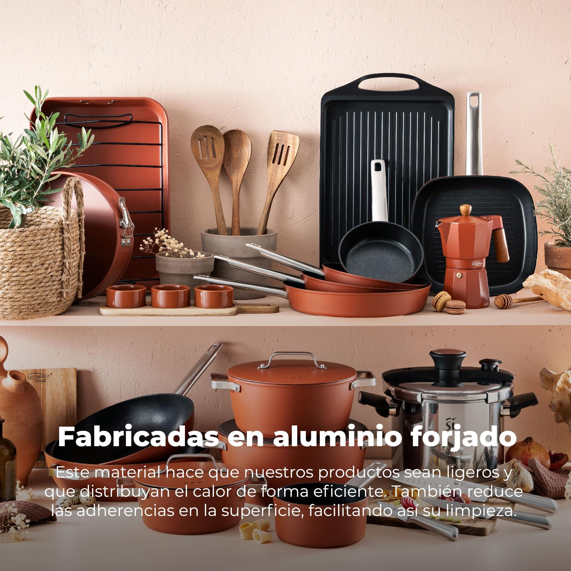 San Ignacio AGROS Pack cocina 4 Pzs - Plancha asador 34x26cm, Sartén Ø30cm, Grill cuadrado 24cm y Set 3 Utensilios de madera de acacia
