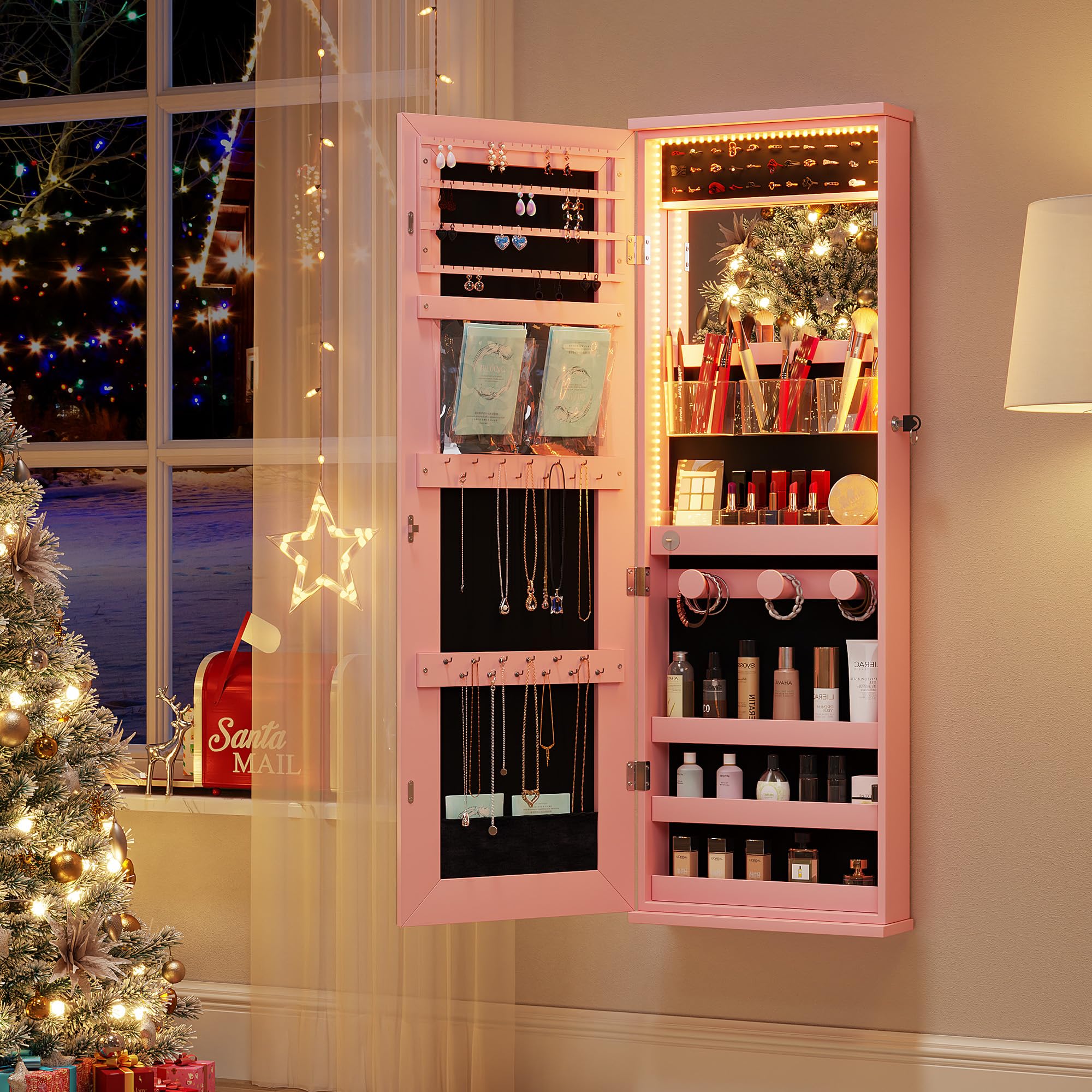 FREDEES Hängender Schmuckschrank mit Ganzkörperspiegel, Wandmontierte Schmuckkommode mit LED-Beleuchtung, Abschließbarer Schmuckaufbewahrungsschrank, Rosa