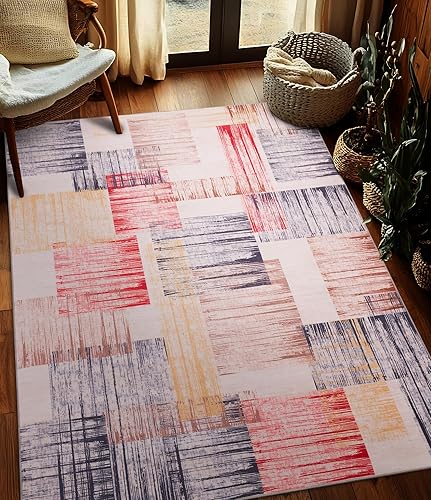 Miniatura 30 de YIHOUSE Alfombra naranja quemada lavable de 8 x 10 pies, Alfombras para Salas, alfombras retro estilo granja marrones, alfombra ondulada abstracta