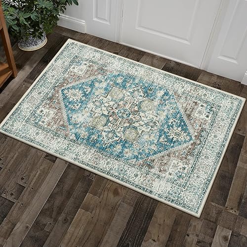 Miniatura 1 de Alfombra persa lavable de 2 x 3 pies, alfombra de entrada interior, alfombra retro de pelo bajo para cocina, tapete antideslizante con estampado,