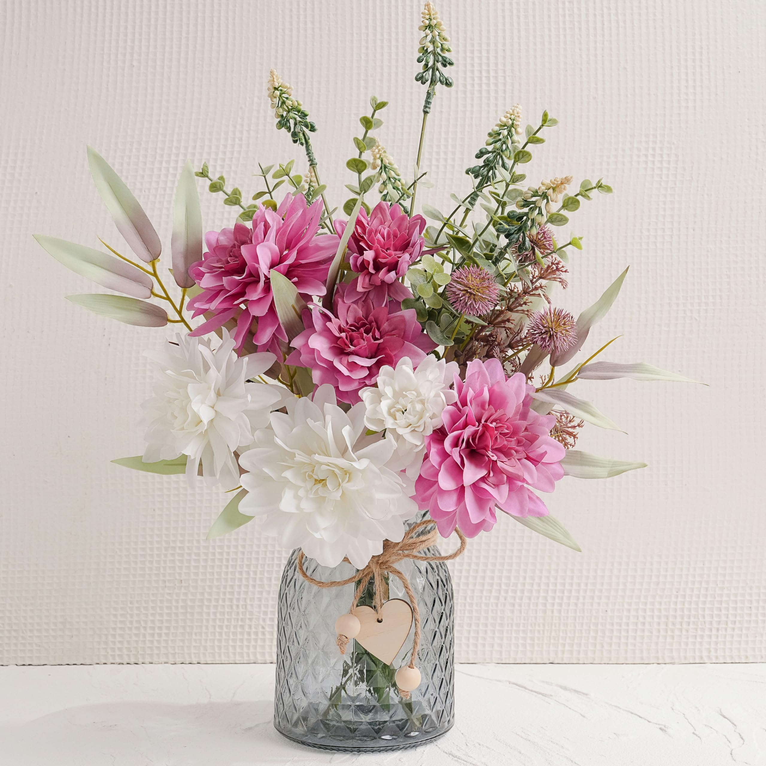 Donmills Artificial Dahlia Flowers with Vase – Rose Red Faux Floral Arrangement, Elegant Table Centrepiece for Coffee Table, Dining Room, Bedroom, Living Room & Farmhouse Home Décor