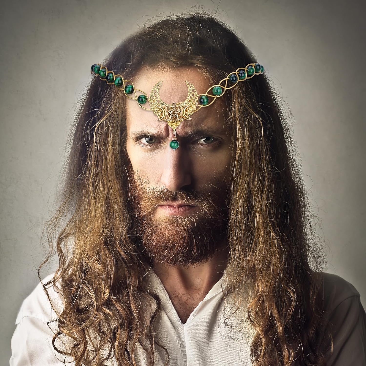 Renaissance Green Viking Crown - Medieval Fairy Circlet Crystal Headpiece Braided Celtic Headband Tiara V-shaped Moon Hair Costume Accessory for Men and Women Theme Wedding Halloween - Image 3