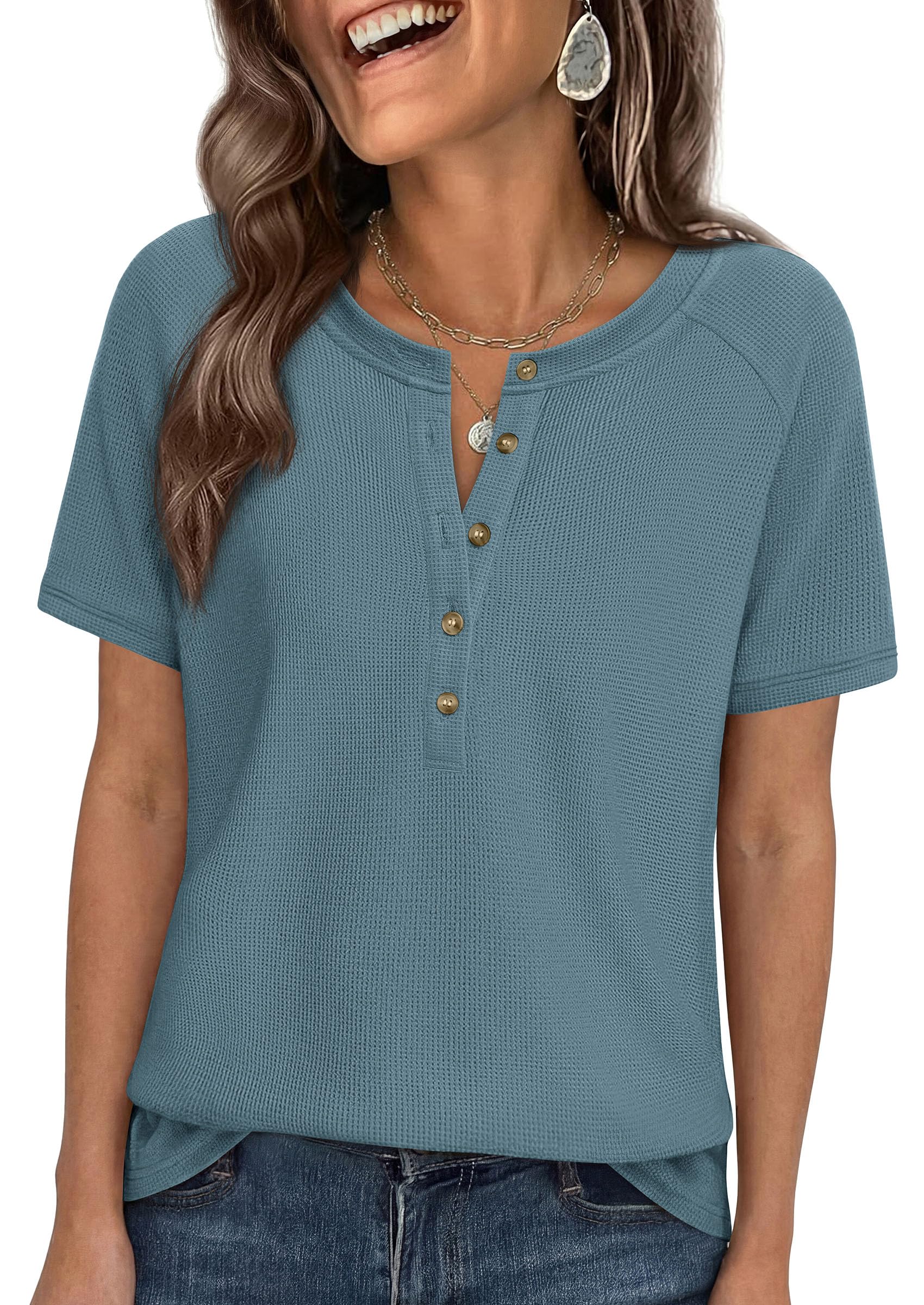 PRETTYGARDEN Waffle Knit Tops for Women Short Sleeve Henley Shirts 2026 Summer Blouses Dressy Casual Spring Fashion Clothes — view 17