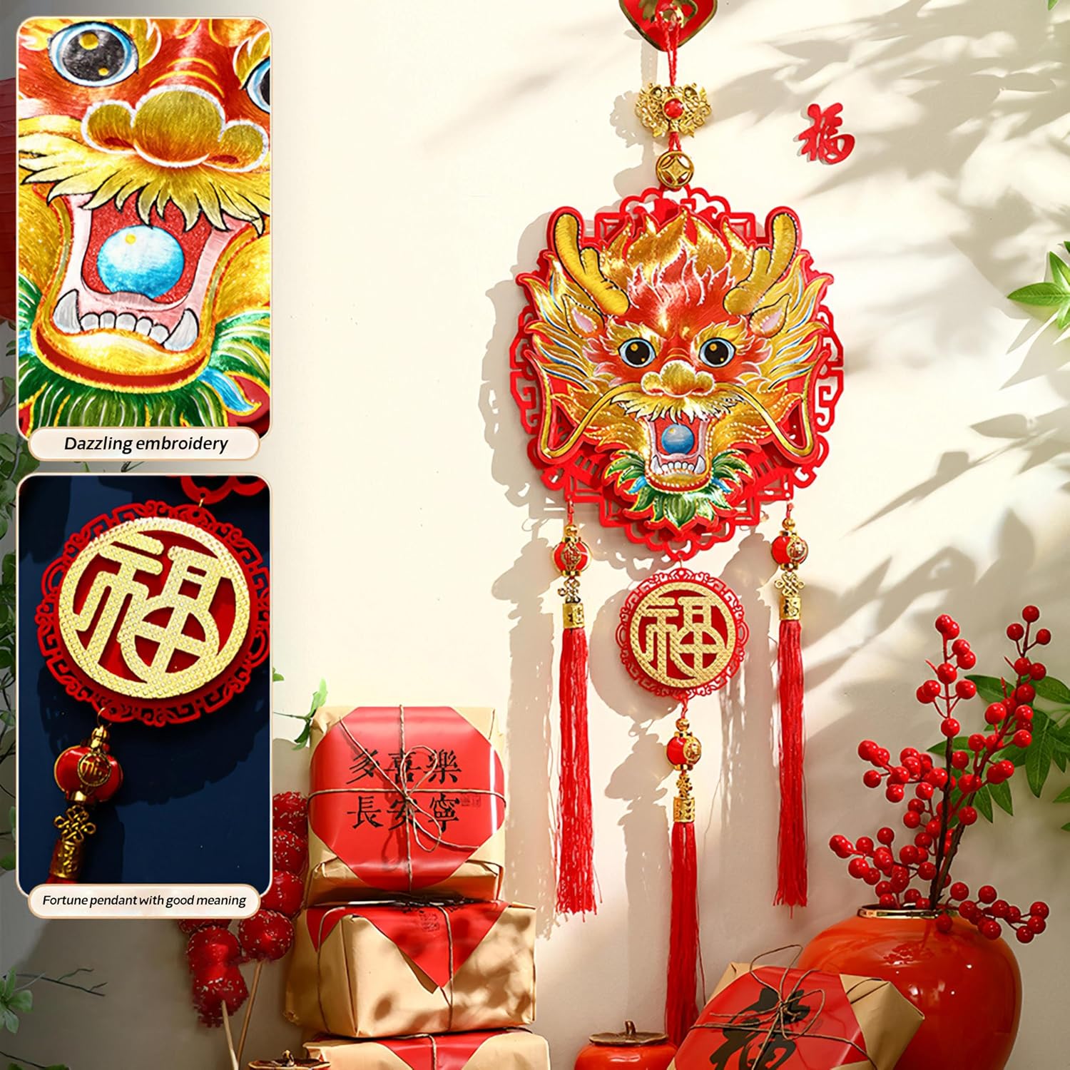 2024 Dragon Hanging Ornament for Chinese Lunar New Year Home Decorations Party Supplies, Lucky Red Blessing Tassel Pendant for Office Living Room Ornament,Spring Festival Pendants (102cm)