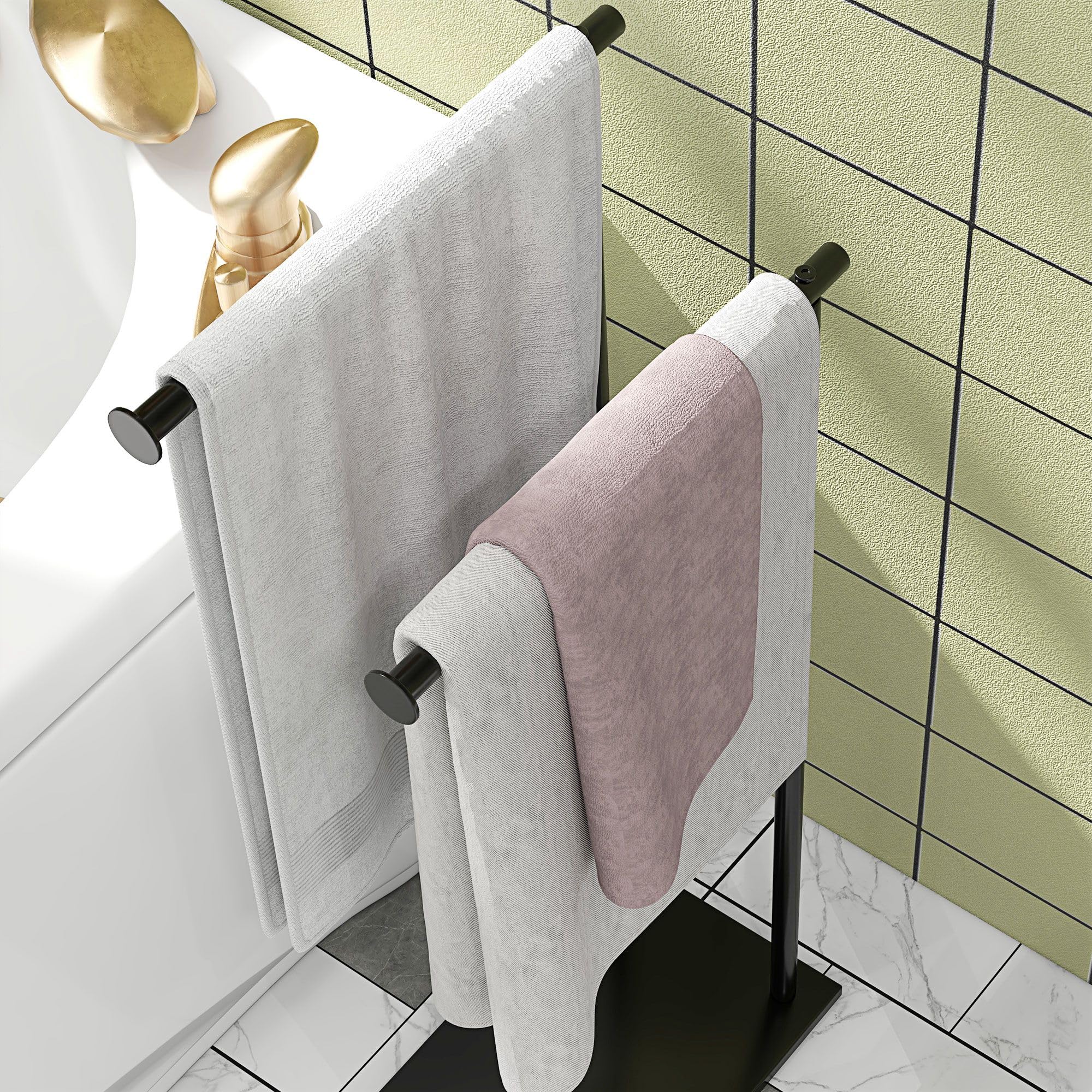 HOMCOM Porte-Serviettes sur Pied en Acier sèche Serviette sur Pieds avec 2 Barres Support pour Serviette 35,5l x 20P x 78H cm - Noir