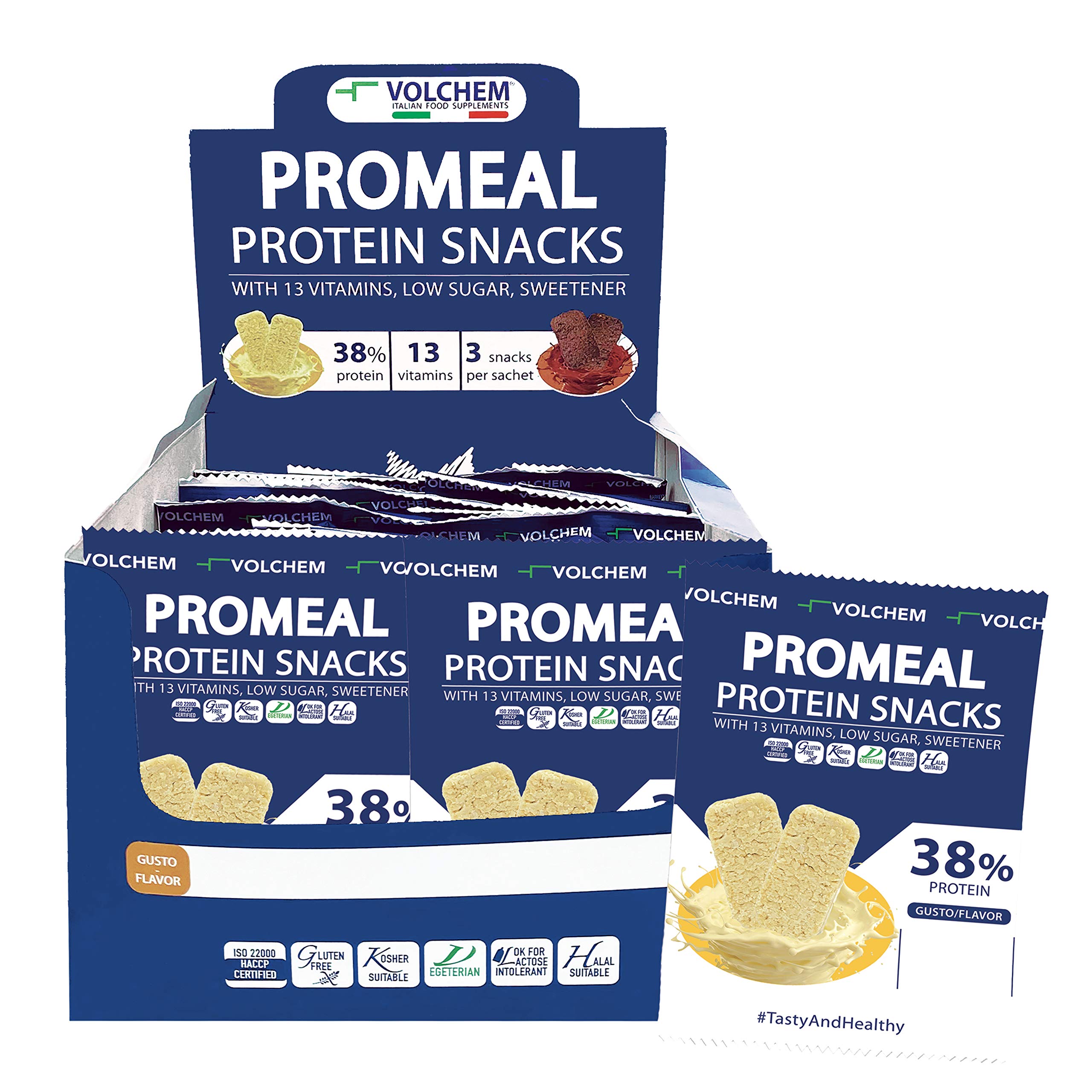 Volchem Promeal Protein Snacks 38, Snack Proteico al 38% di Proteine, con Vitamine, Senza Grassi Idrogenati, Conservanti e con Pochi Zuccheri (Cookie)