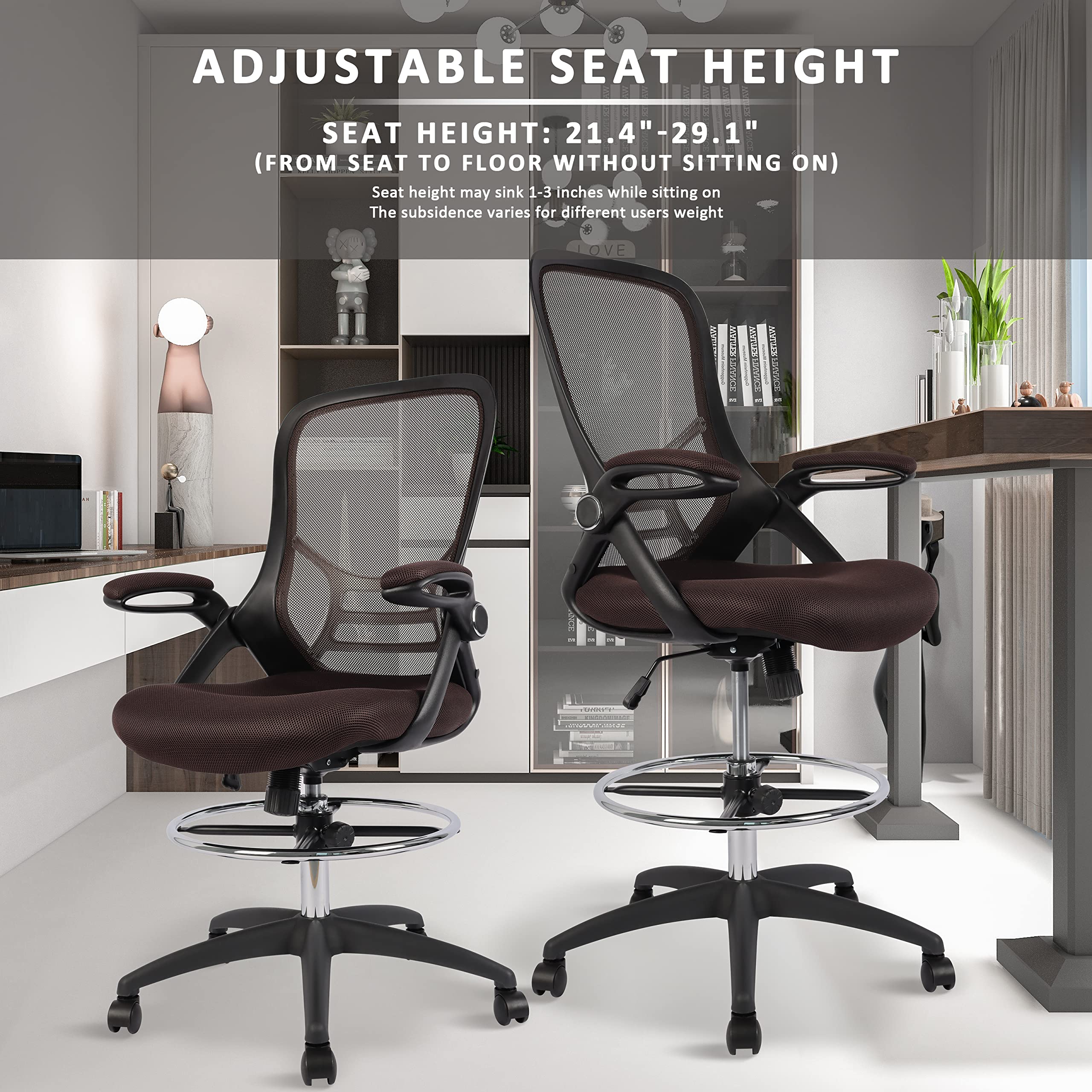 HYLONE Drafting Chair, Tall Office Chair Standing Desk Chair Brown Mesh