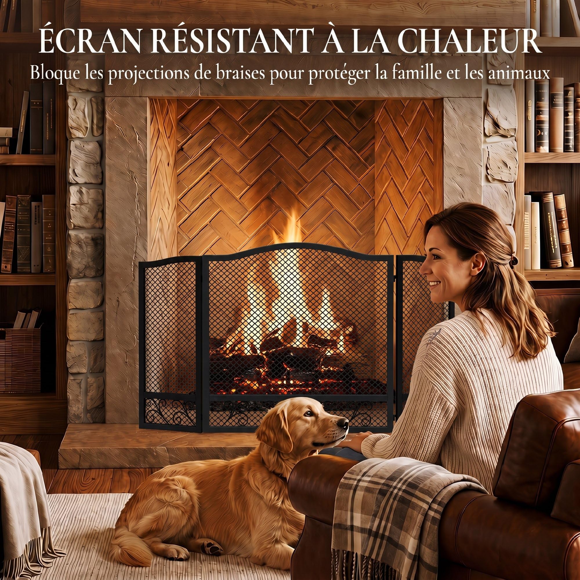 HOMCOM Pare Feu Cheminée Pliable 3 Panneaux 107 x 60 cm Métal Noir