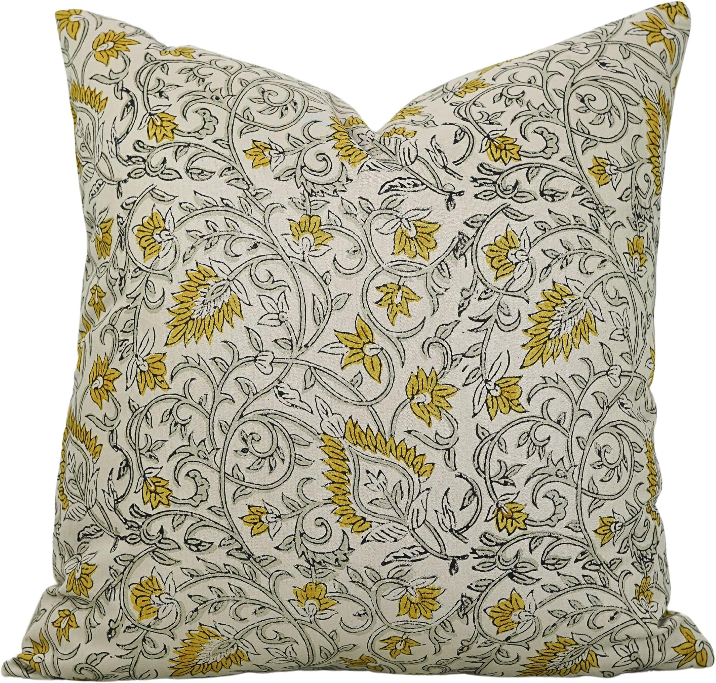 Fabritual Accent Decorative Cotton Satin Room Décor Throw Pillowcase Square 14X14 Inch Handcrafted Cushion Cover Winter Fall, Hawamahal, Yellow