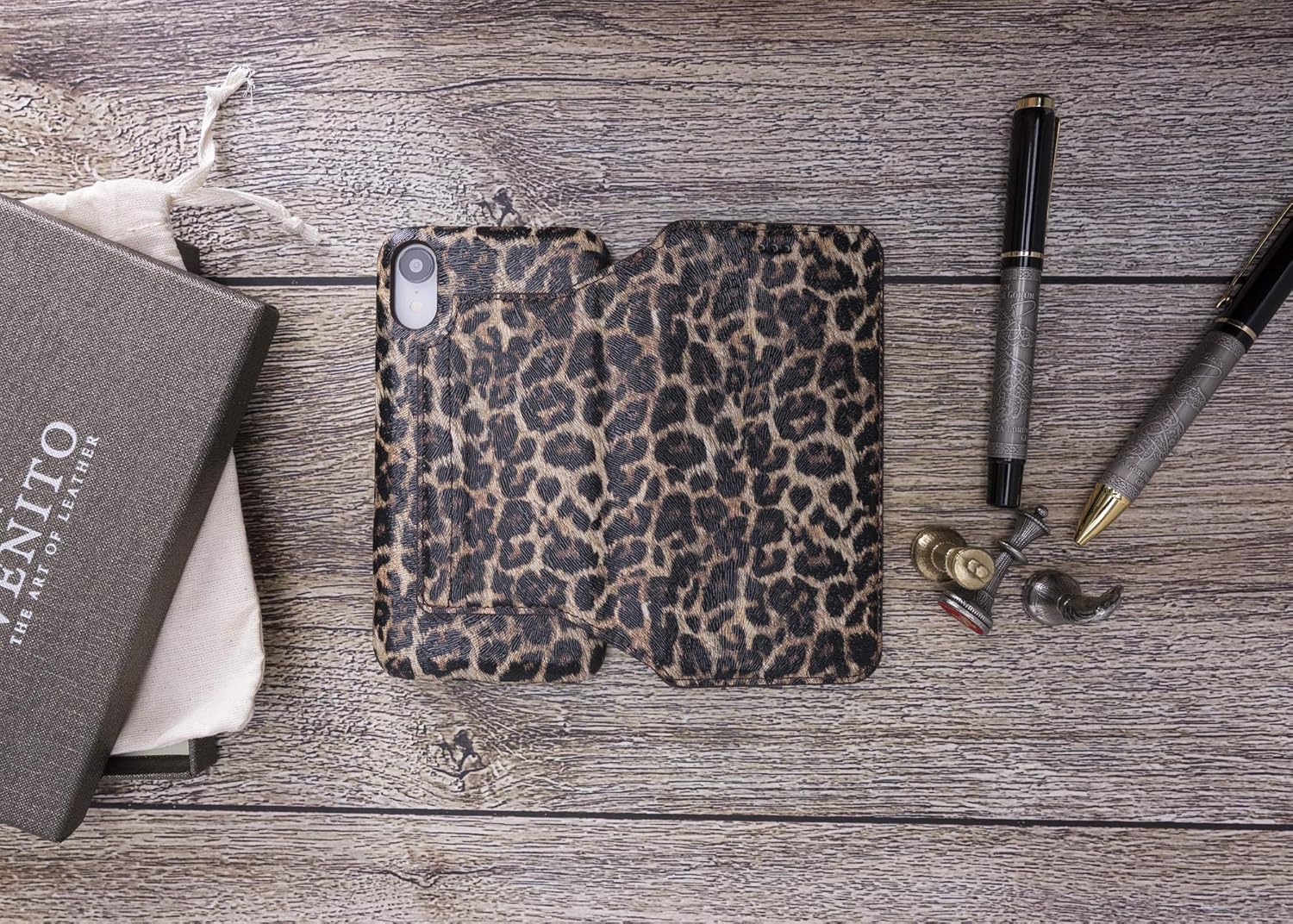 Venito Venice Slim Case Compatible with iPhone XR Case with Stand, Wallet, Self-Closing, and RFID Blocking Feature (Leopard Pattern)