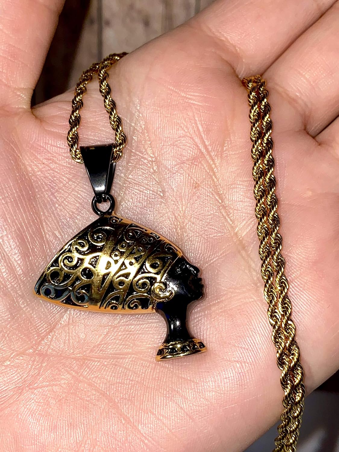 Egyptian Queen Nefertiti Pendant – 14k Gold Finish Black Iced Necklace with 2.5mm Rope Chain, Stainless Steel Fashion Jewelry for Men & Women