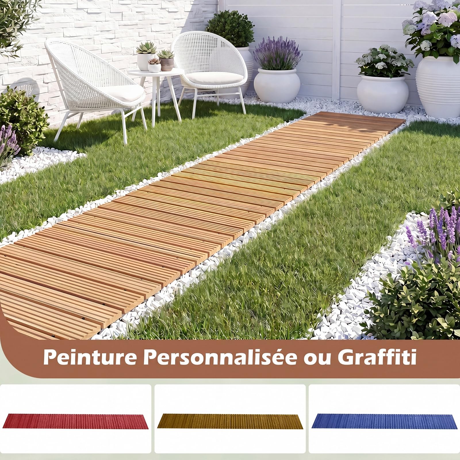GYMAX Allée de Jardin en Bois 367 cm, Chemin Enroulable Déroulable Extérieure Résistante aux Intempéries, Instantané Pliable, pour Jardin, Terrasse, Cour, Plage, Fête de Mariage (Naturel)