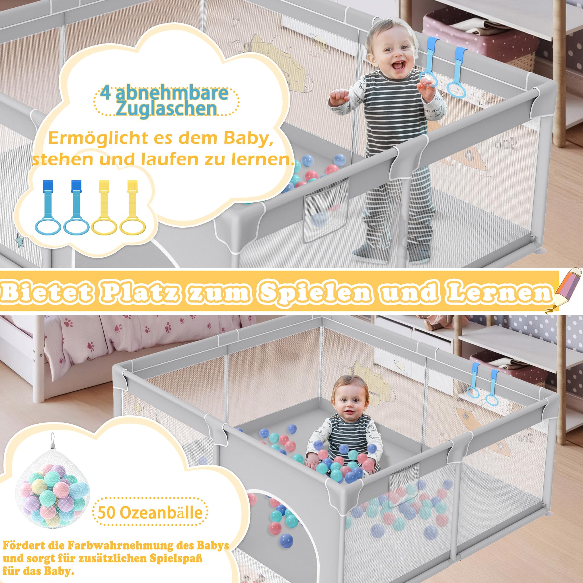 UISEBRT Laufstall Baby 127x127cmLaufgitter für Baby mit 50 Ocean Bällen & 4 Zugringen & Tragetasche, Faltbar Laufgitterzelt mit Atmungsaktivem Netz für Kinder, Grau mit Astronautenmotiven