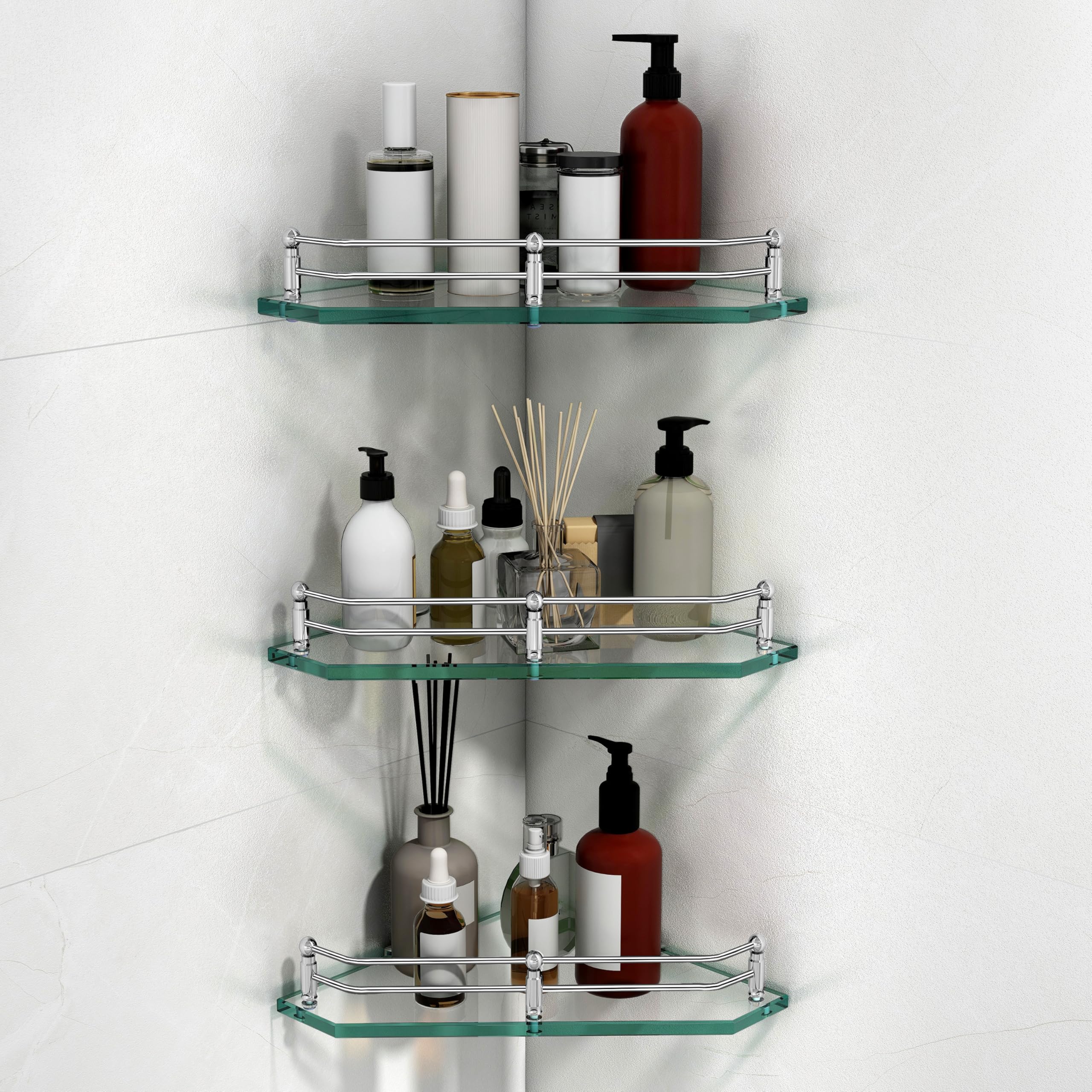Plantex Premium Diamond Transparent Glass Corner Shelf for Bathroom/Kitchen Shelf/Bathroom Accessories (9x9 Inches) - Pack of 3-picture-17